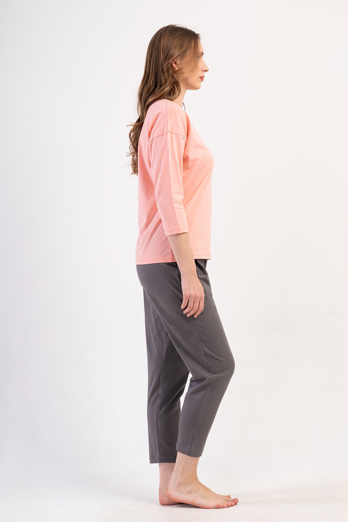 KADIN P.SUPREM XXL O YAKA DUSUK OMUZLU 3/4KOL PILELI CEPLI 7/8 BOY PIJAMA TAKIM - BABY PINK