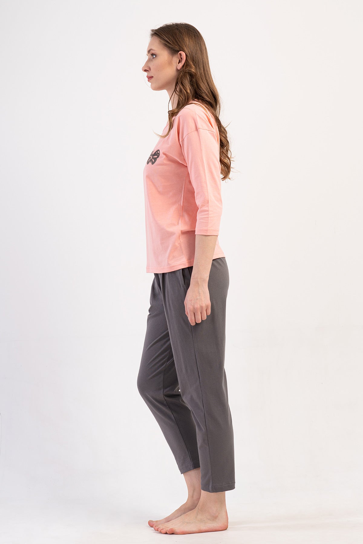 KADIN P.SUPREM XXL O YAKA DUSUK OMUZLU 3/4KOL PILELI CEPLI 7/8 BOY PIJAMA TAKIM - BABY PINK