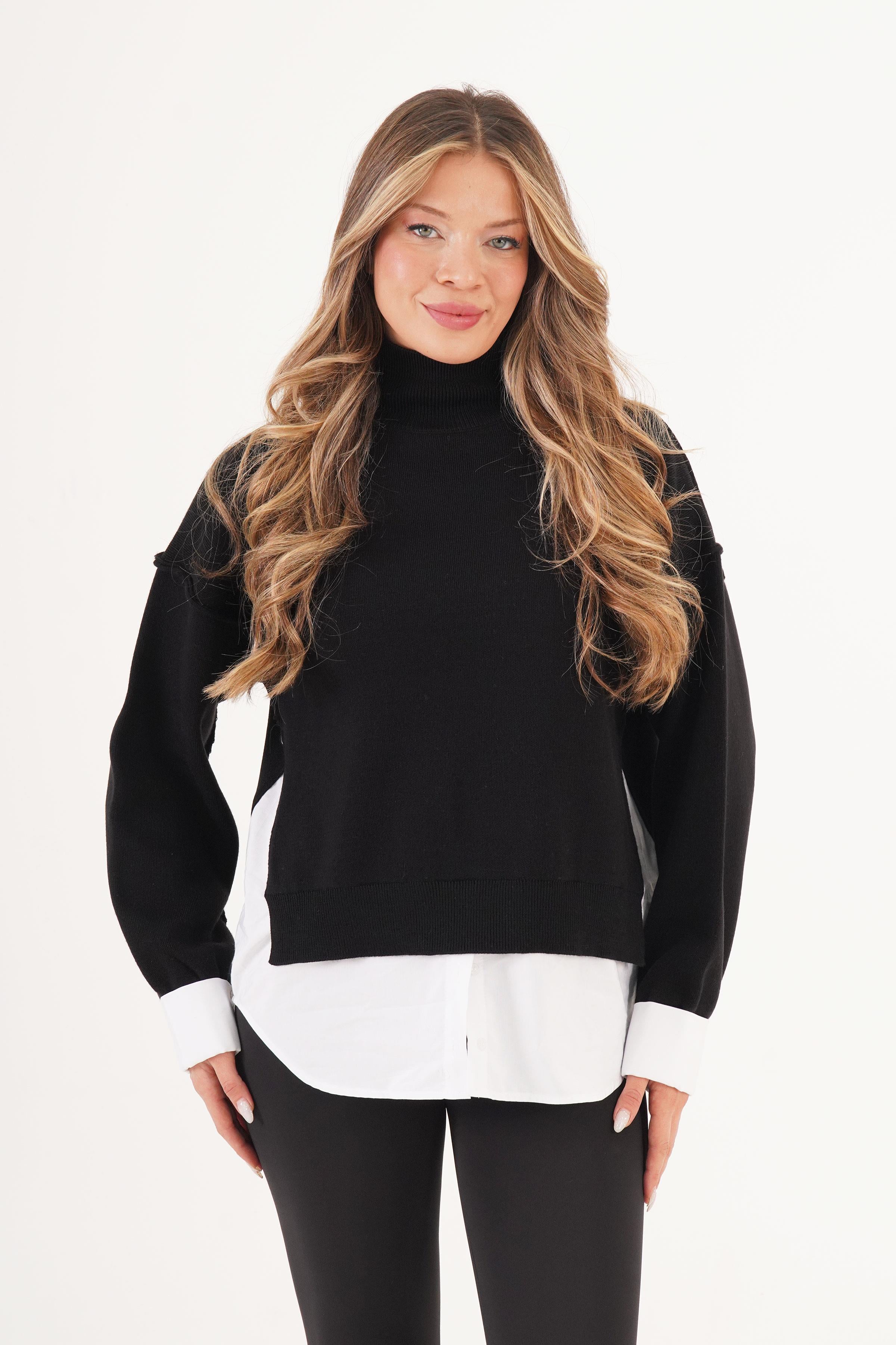 Gömlek Detaylı Dik Yaka Siyah Toptan Kazak