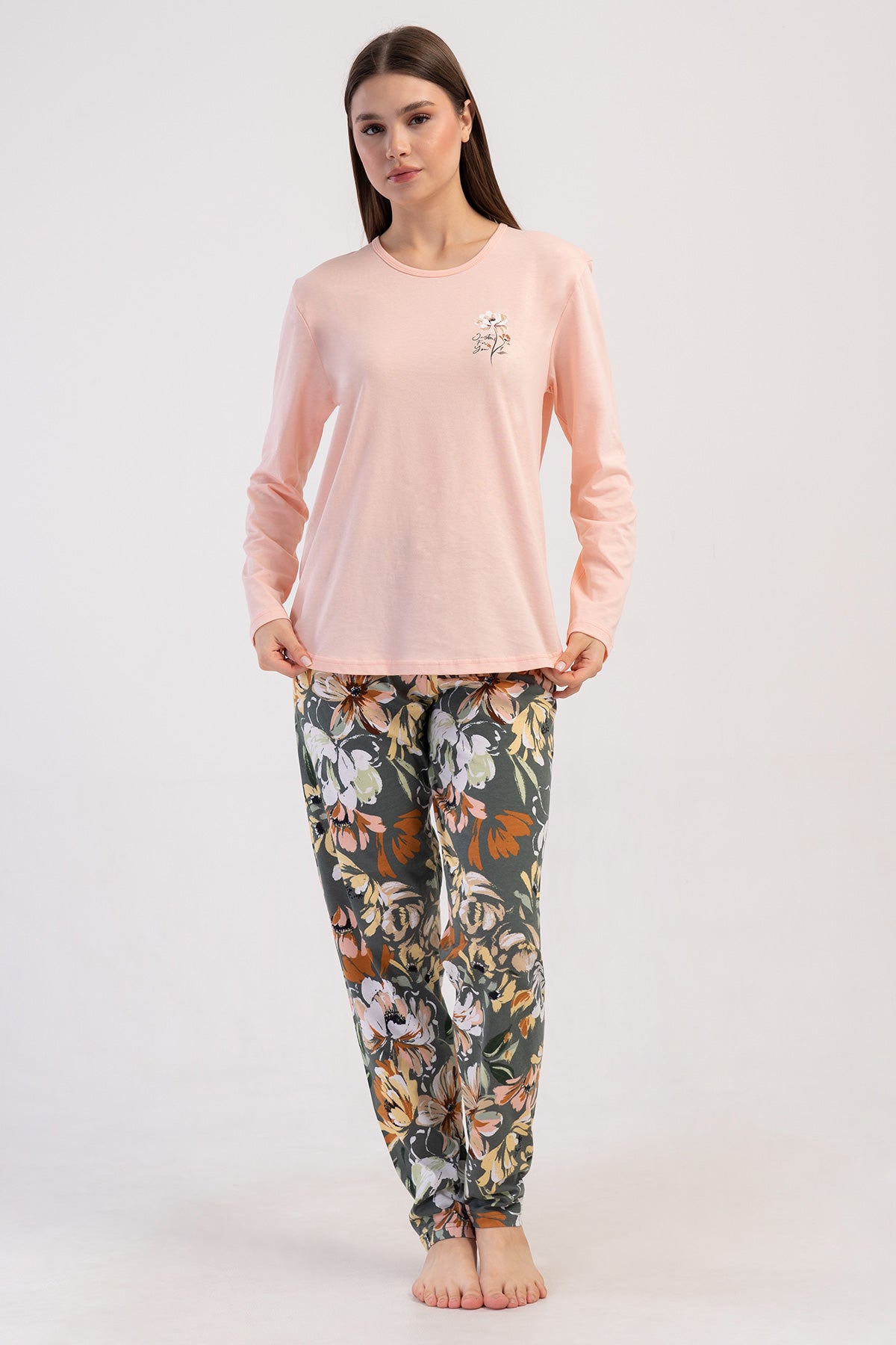 KADIN P.SUPREM XXL O YAKA UZUN KOL ETEGI OVAL PIJAMA TAKIM - PEMBE