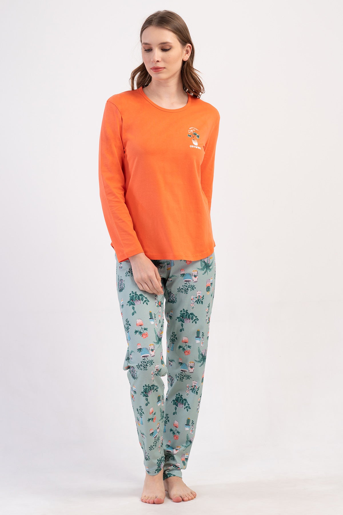 KADIN P.SUPREM O YAKA UZUN KOL ETEGI OVAL PIJAMA TAKIM - MERCAN