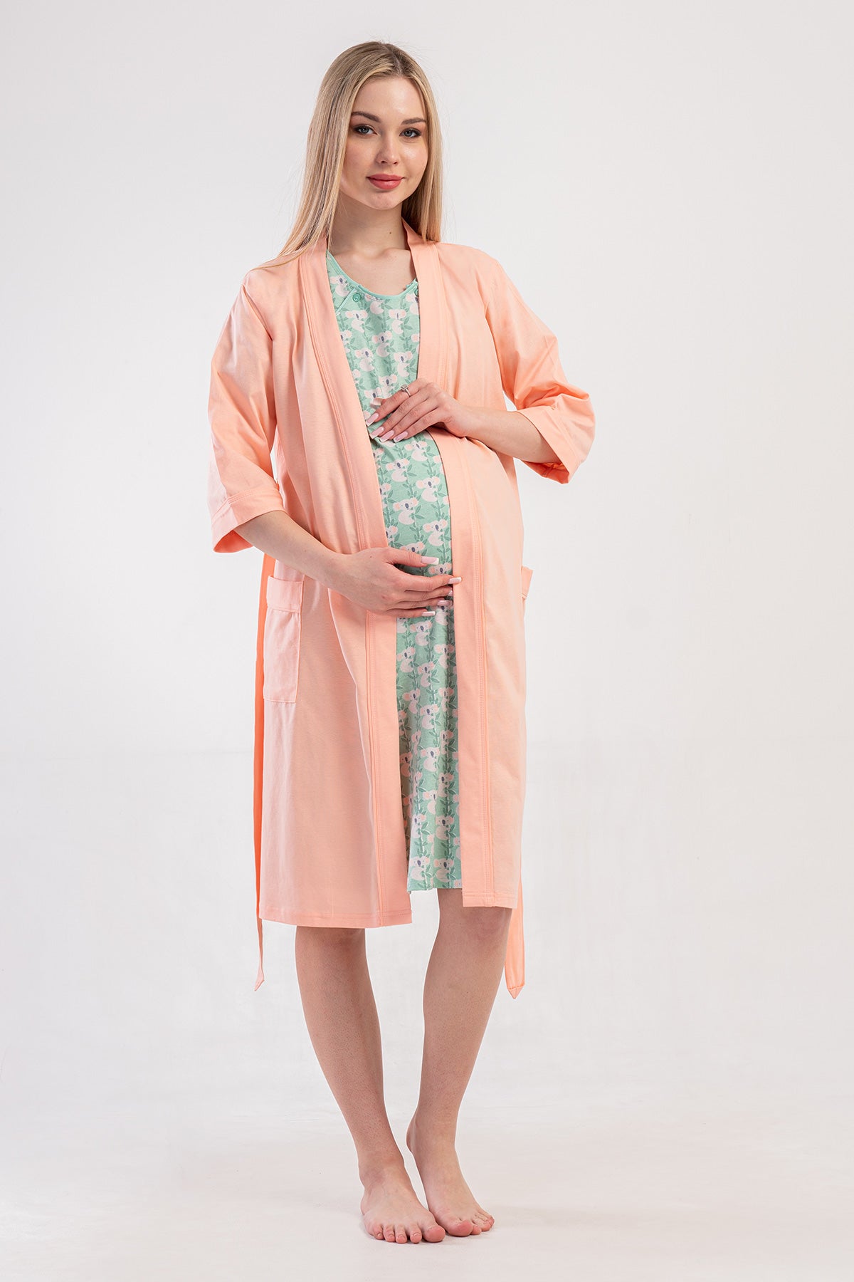 KADIN P.SUPREM CIFT PATLI KISA KOL HAMILE TUNIK+3/4 KOL CEPLI SABAHLIK TAKIM - BABY PINK