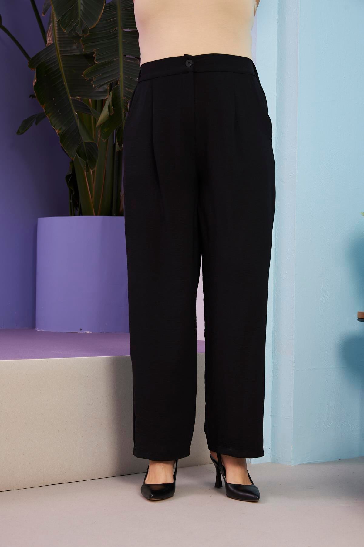 Plus Size Aerobin Black Wide-Leg Pants with Elastic Waist