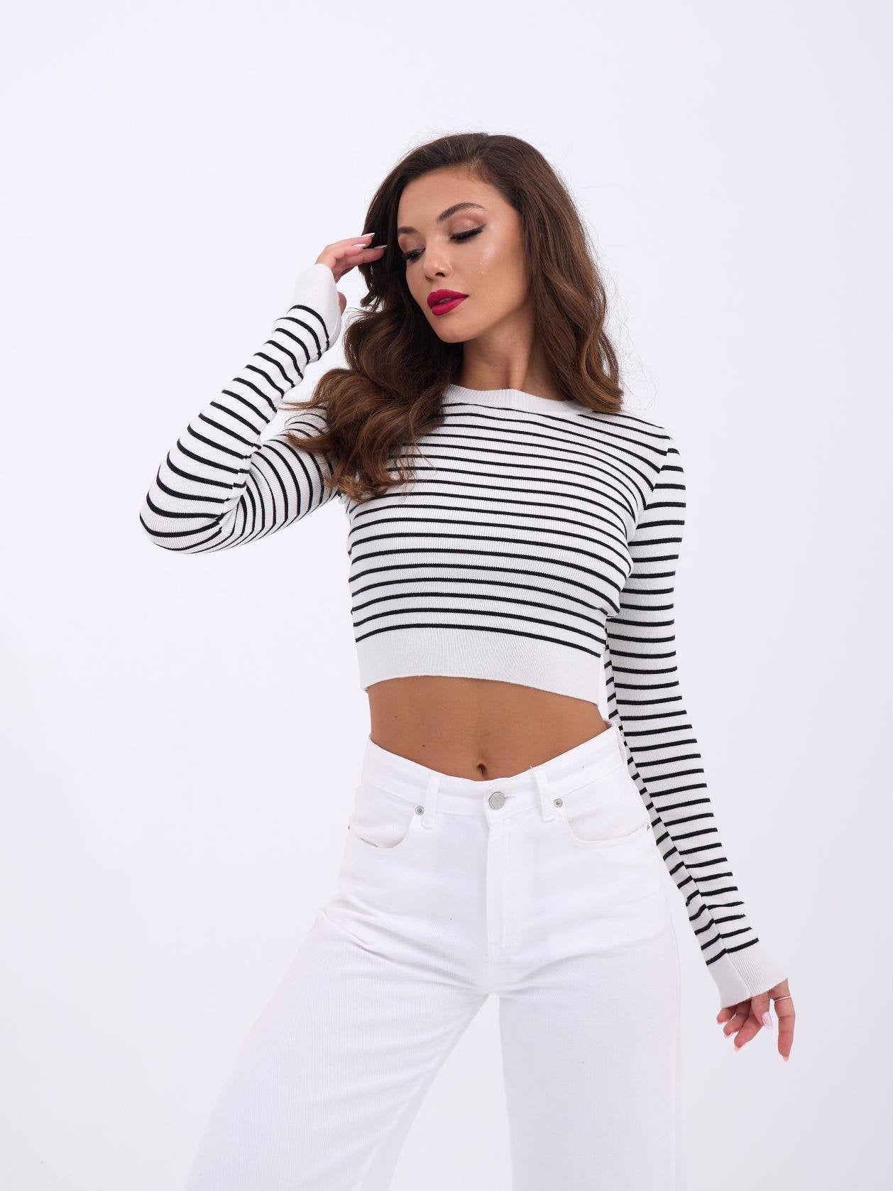 42211 TRİKO ÇİZGİLİ CROP-EKRU-SİYAH
