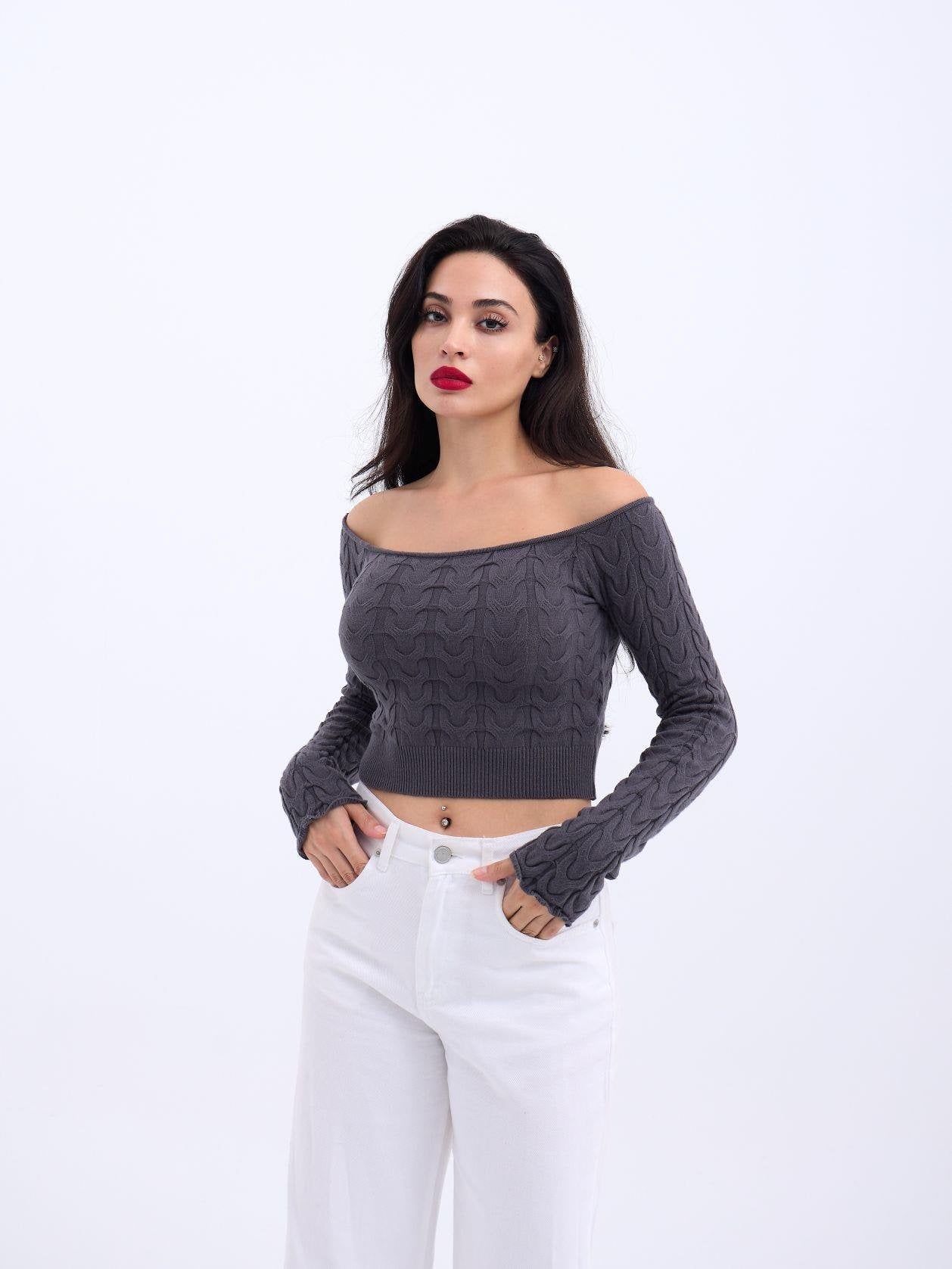 42241 TRİKO KAYIK YAKA CROP-ANTRASİT ANTRASİT STD