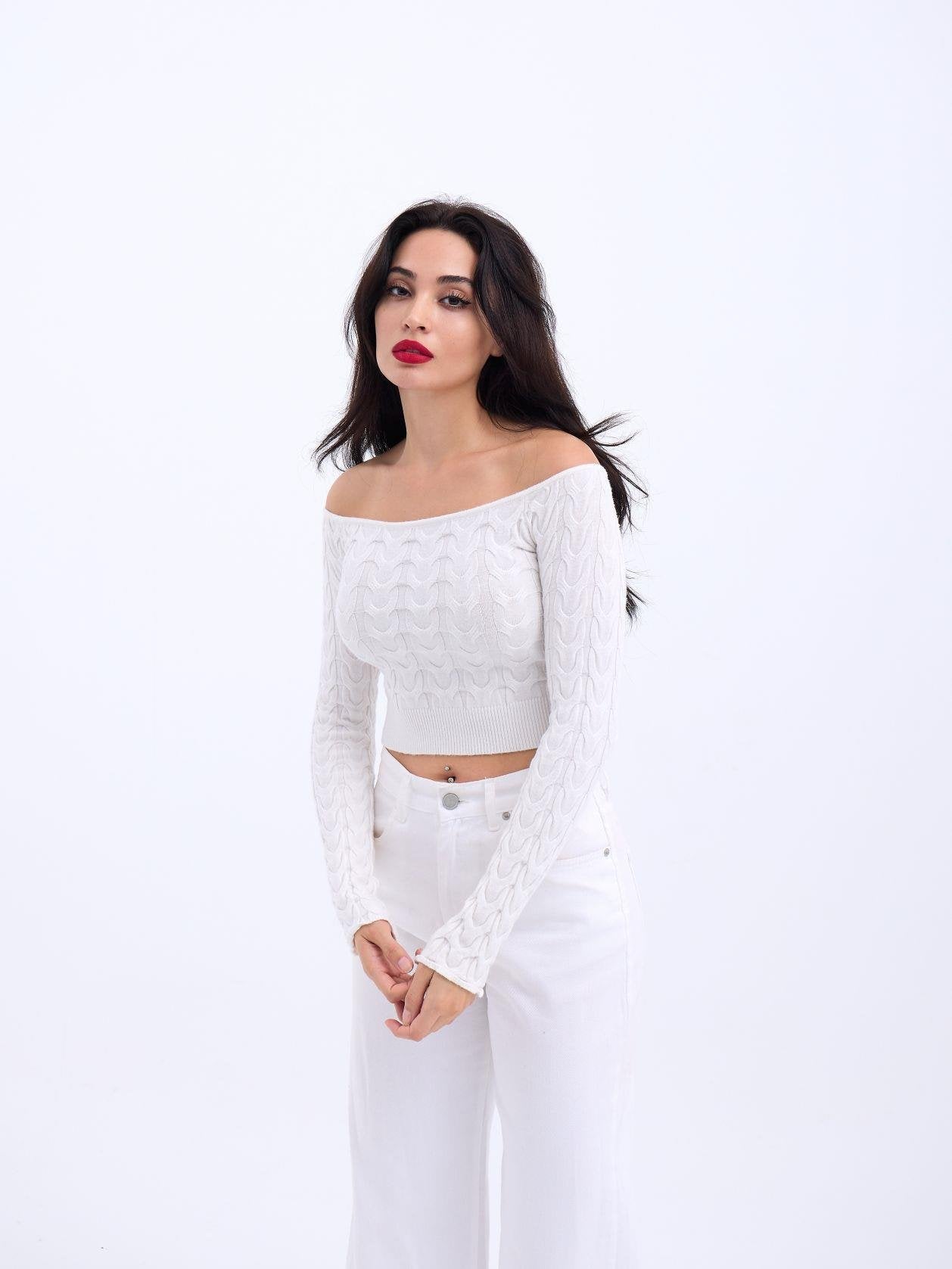 42241 TRİKO KAYIK YAKA CROP-EKRU