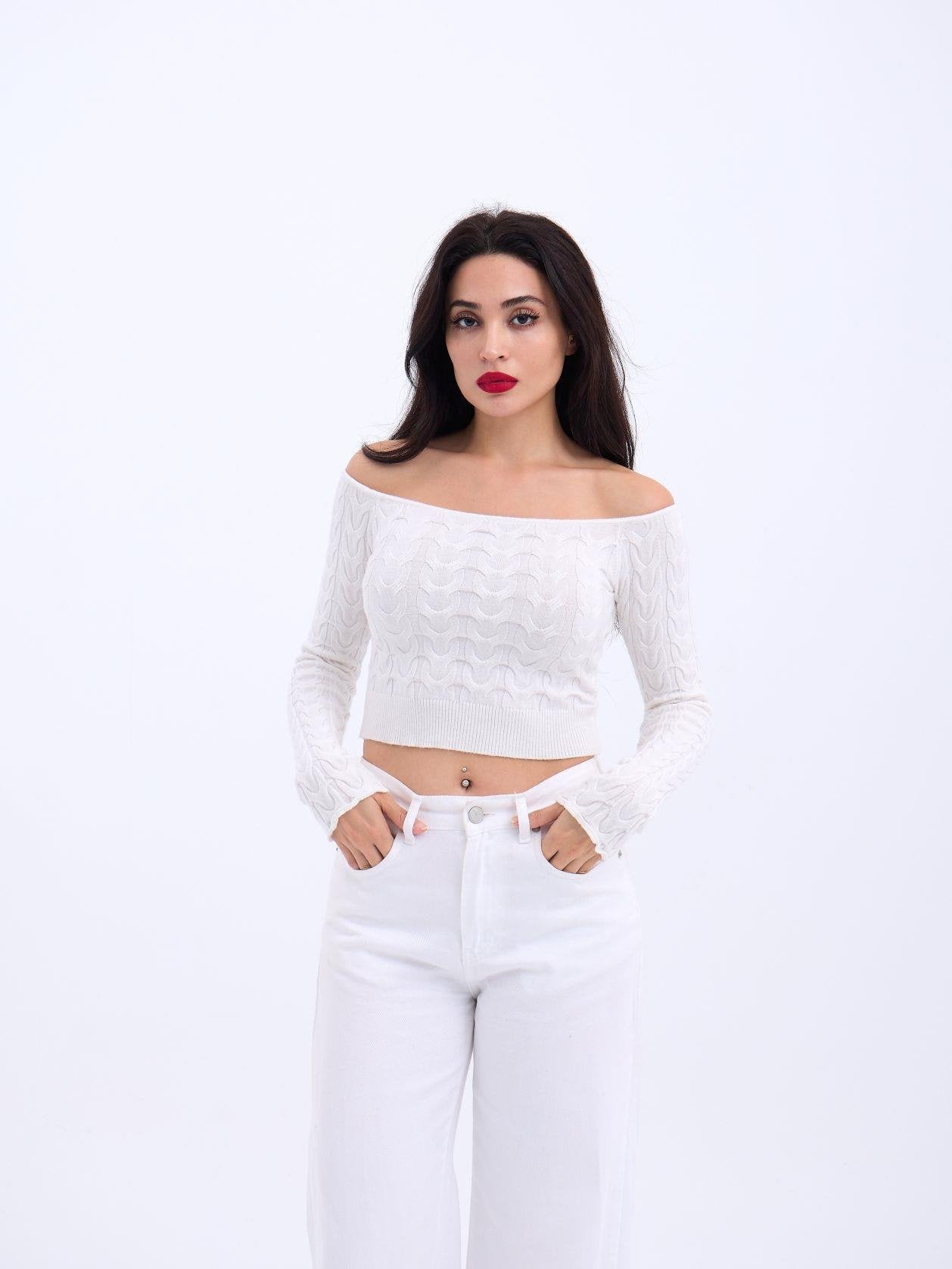42241 TRİKO KAYIK YAKA CROP-EKRU EKRU STD
