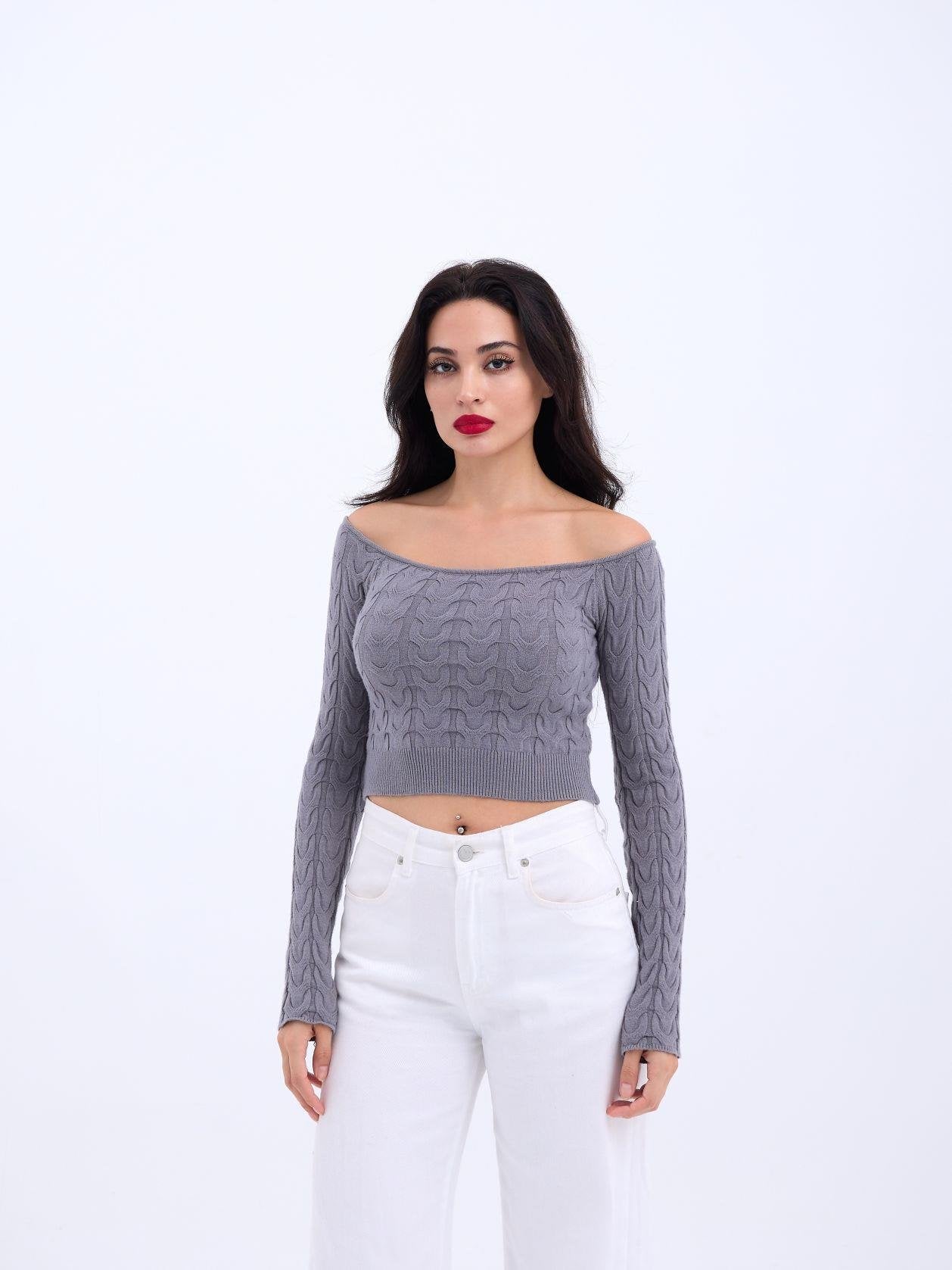 42241 TRİKO KAYIK YAKA CROP-GRİ GRİ STD