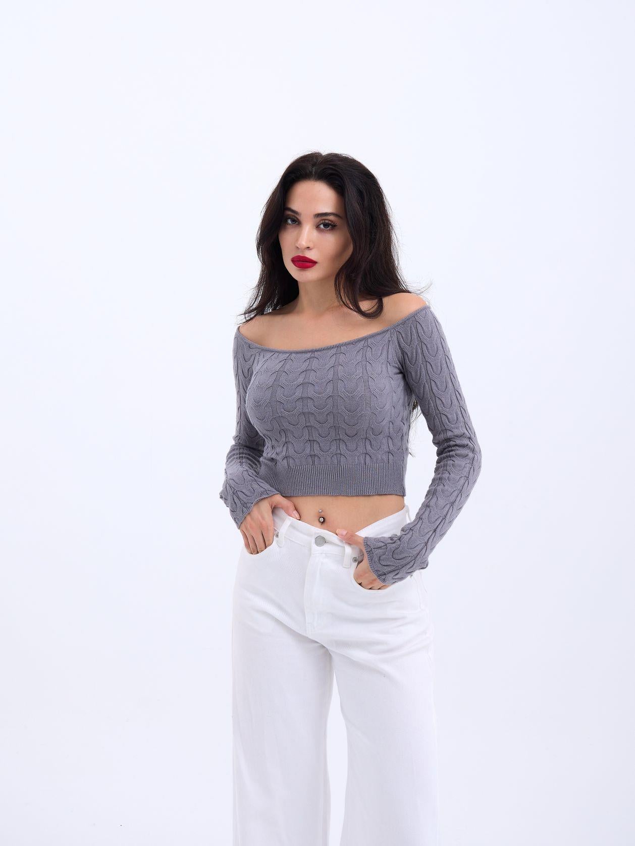 42241 TRİKO KAYIK YAKA CROP-GRİ