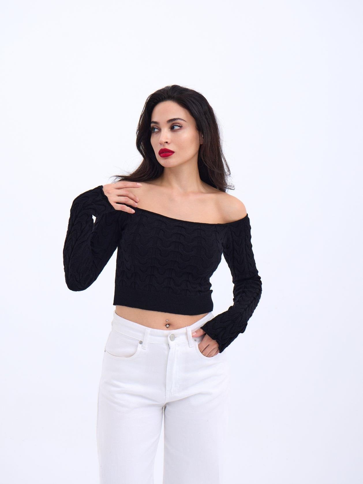 42241 TRİKO KAYIK YAKA CROP-SİYAH