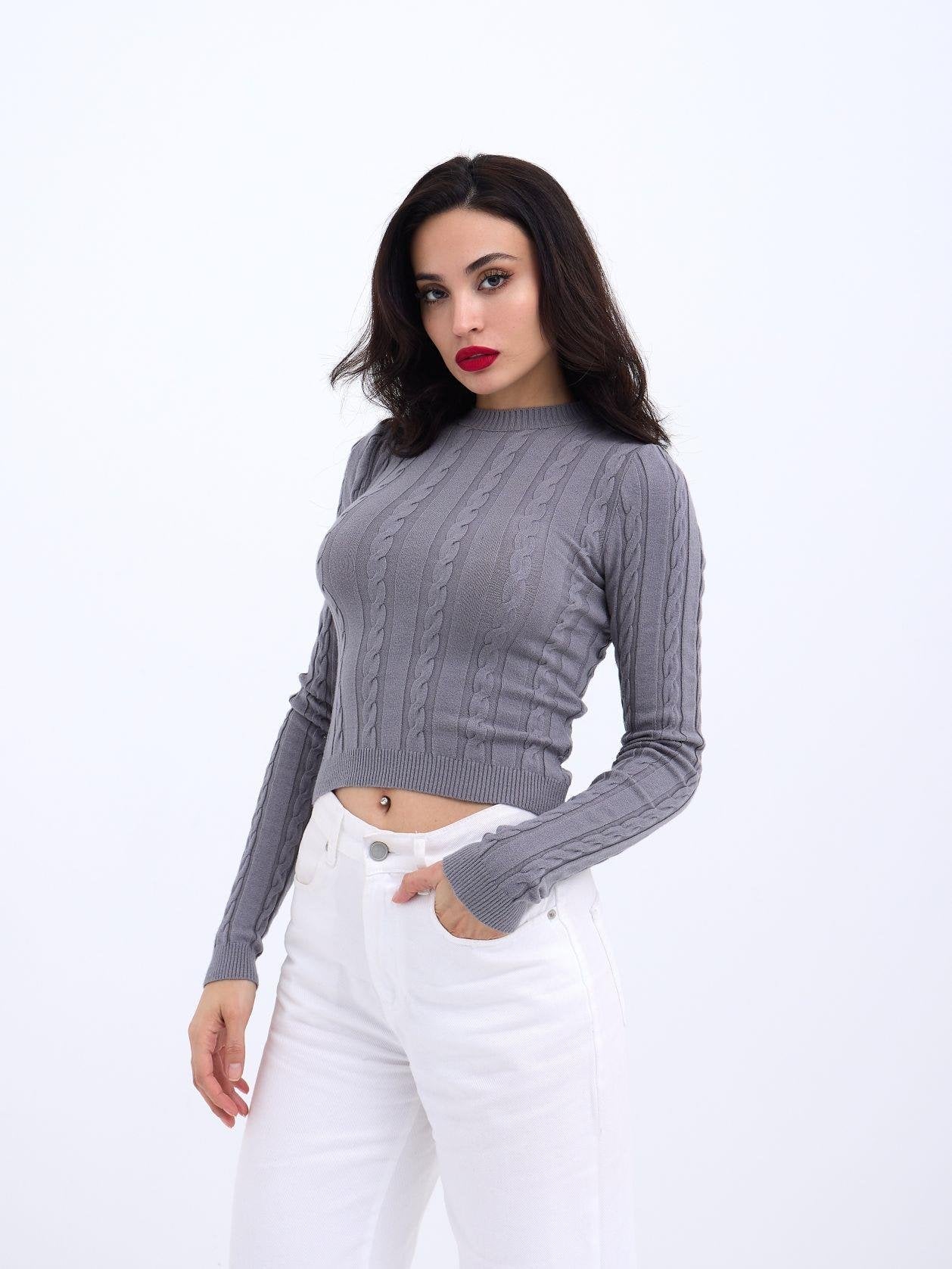 42491 TRİKO SAÇ ÖRGÜ CROP KAZAK-GRİ GRİ STD