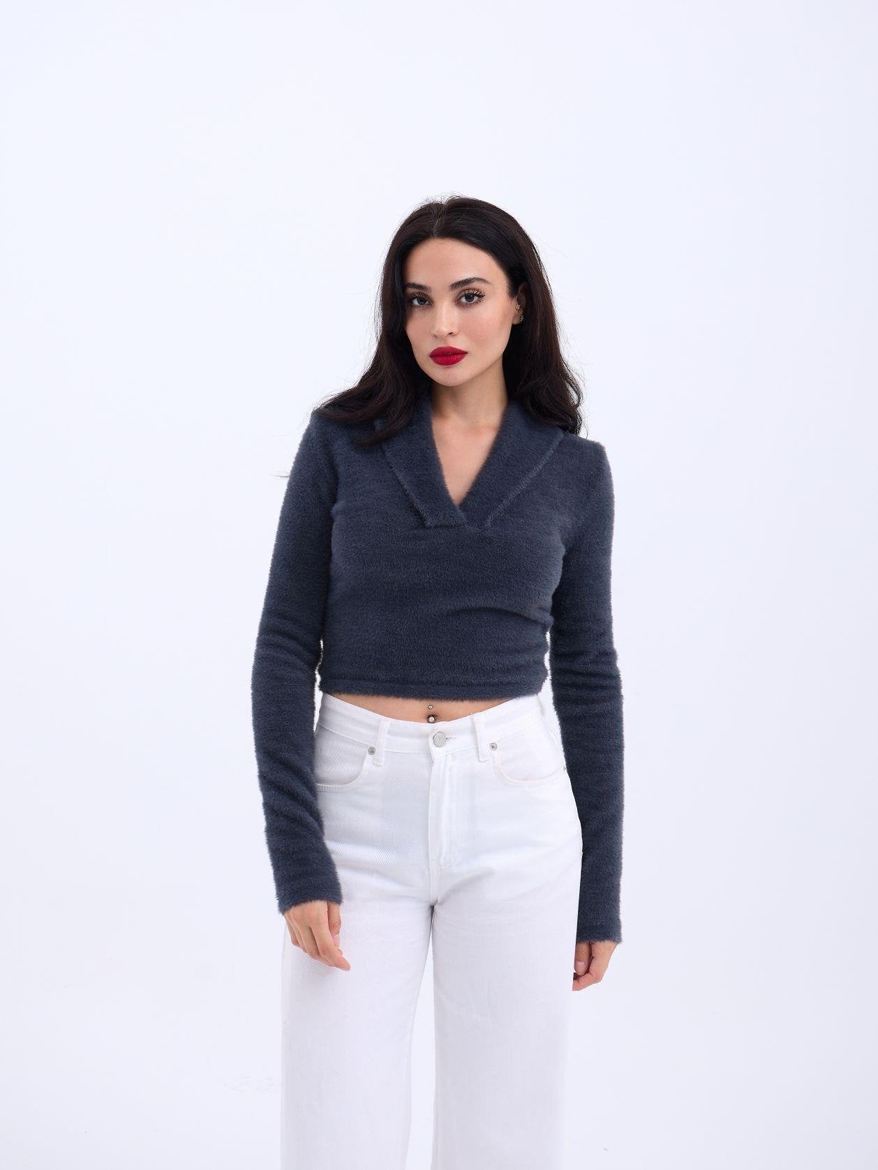 42531 TRİKO SİMLİ YAKALI CROP-ANTRASİT ANTRASİT STD