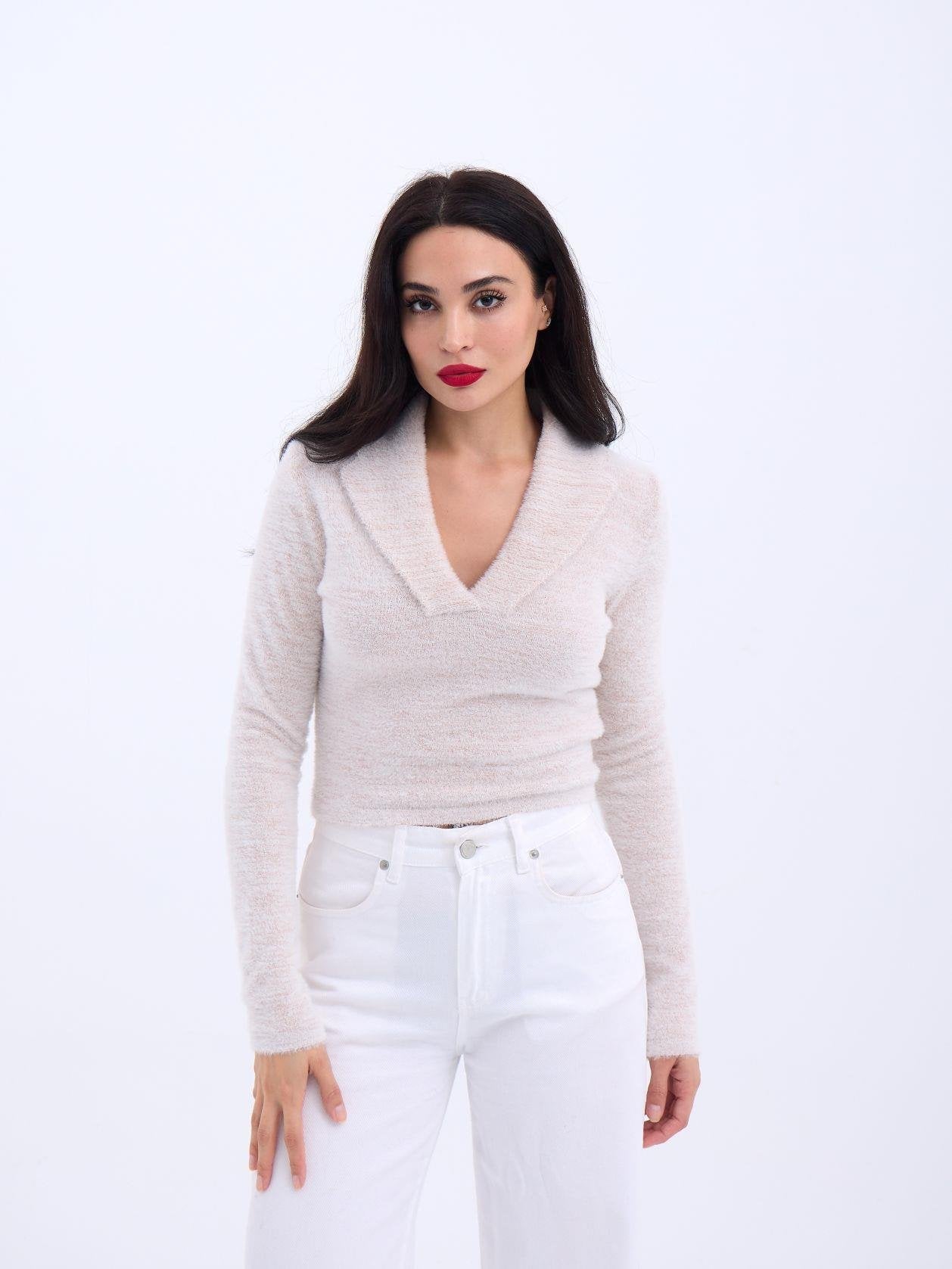 42531 TRİKO SİMLİ YAKALI CROP-EKRU EKRU STD