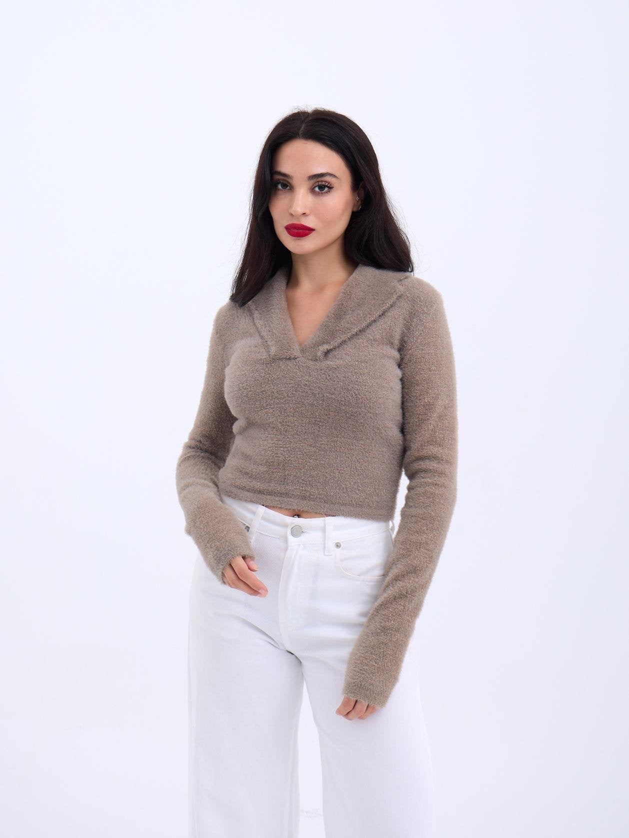 42531 TRİKO SİMLİ YAKALI CROP-KAHVE KAHVE STD