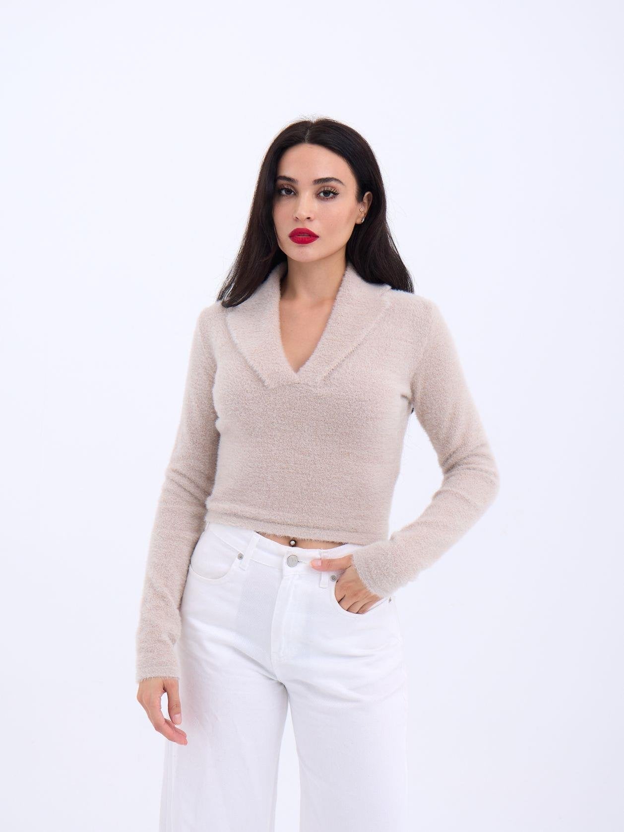 42531 TRİKO SİMLİ YAKALI CROP-TAŞ TAŞ STD