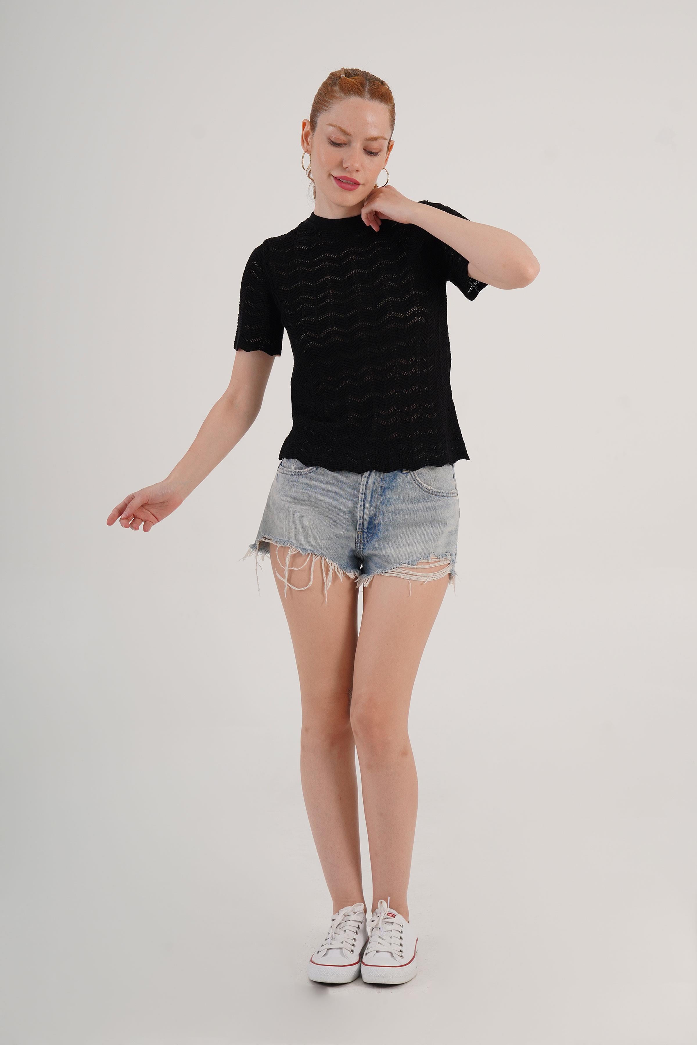Örgü Model Kısa Kol Toptan Siyah Triko Bluz