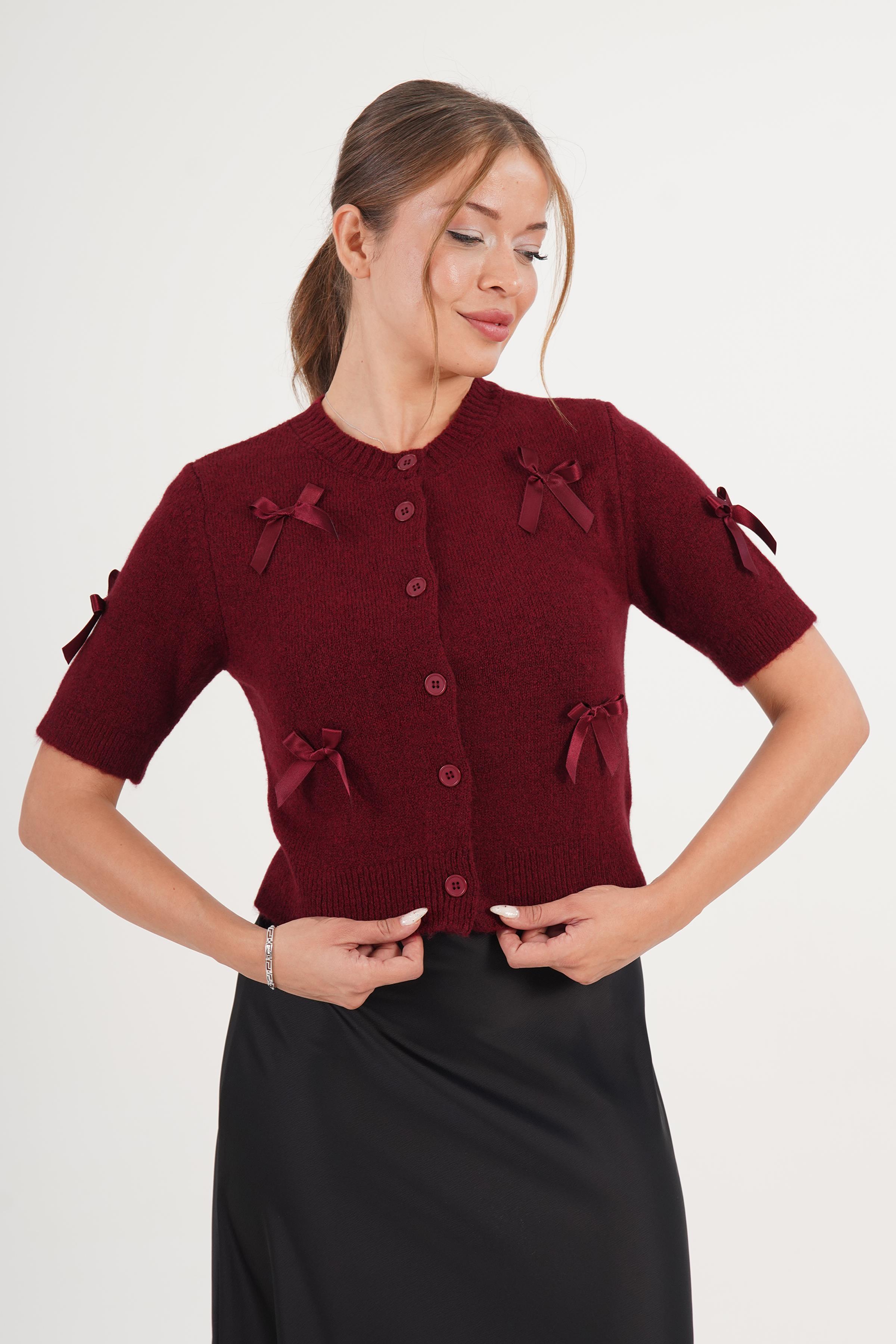 Fiyonk Kurdele Kısa Kol Bordo Toptan Triko Hırka Bordo STD