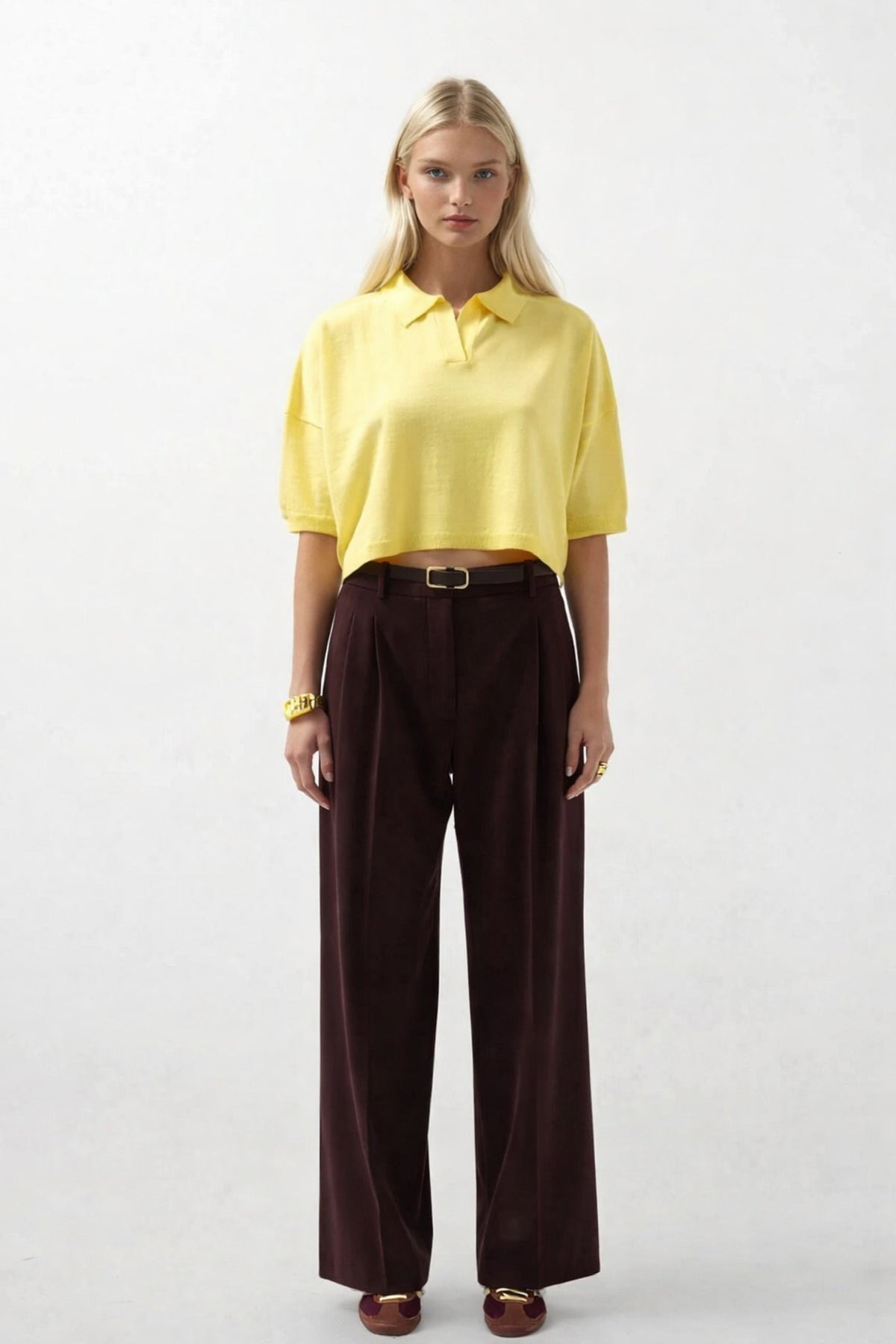 Polo Yaka Crop Dokulu Bluz - Sarı