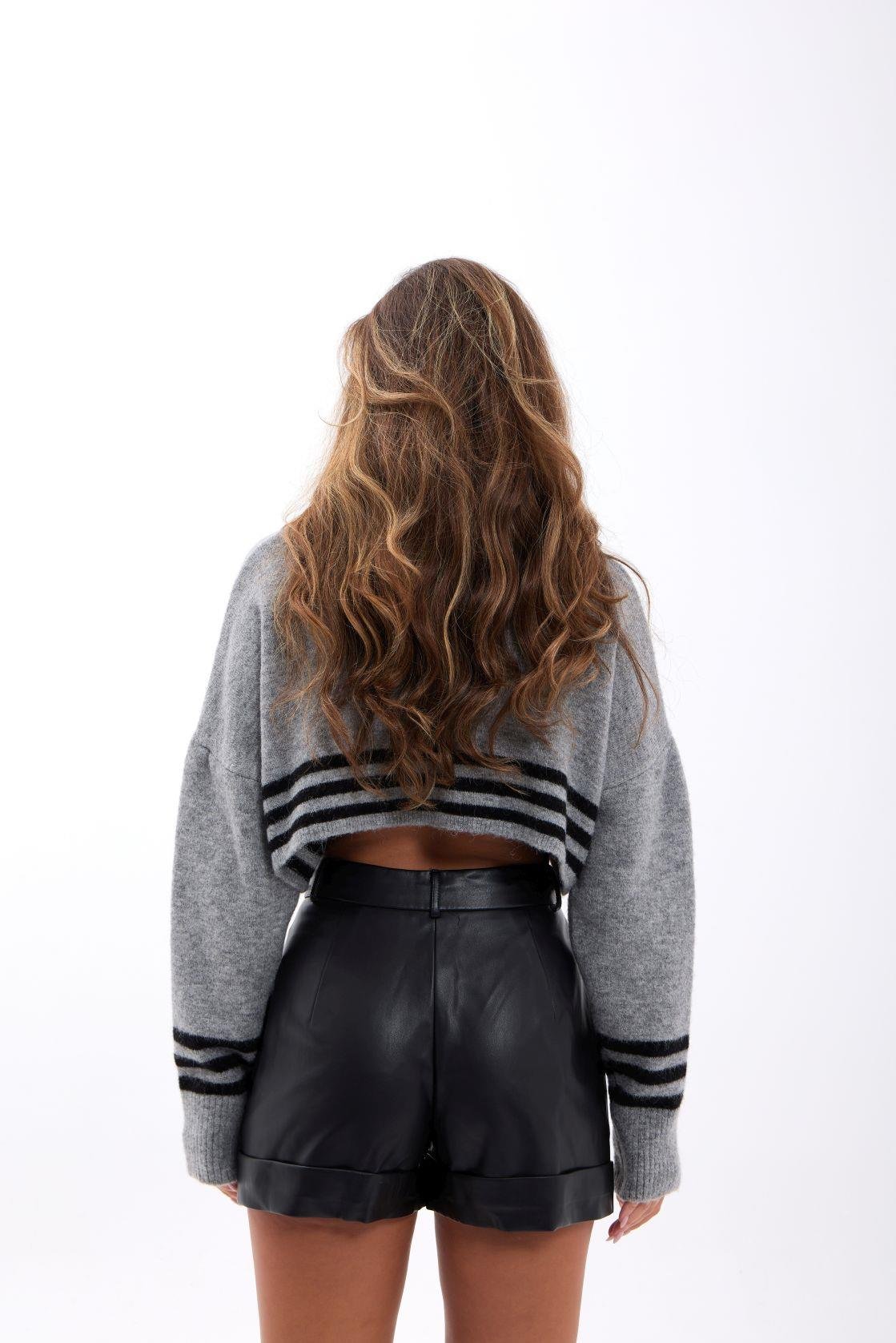 43241 TRİKO ÇİZGİLİ BALIKÇI CROP-GRİ-SİYAH