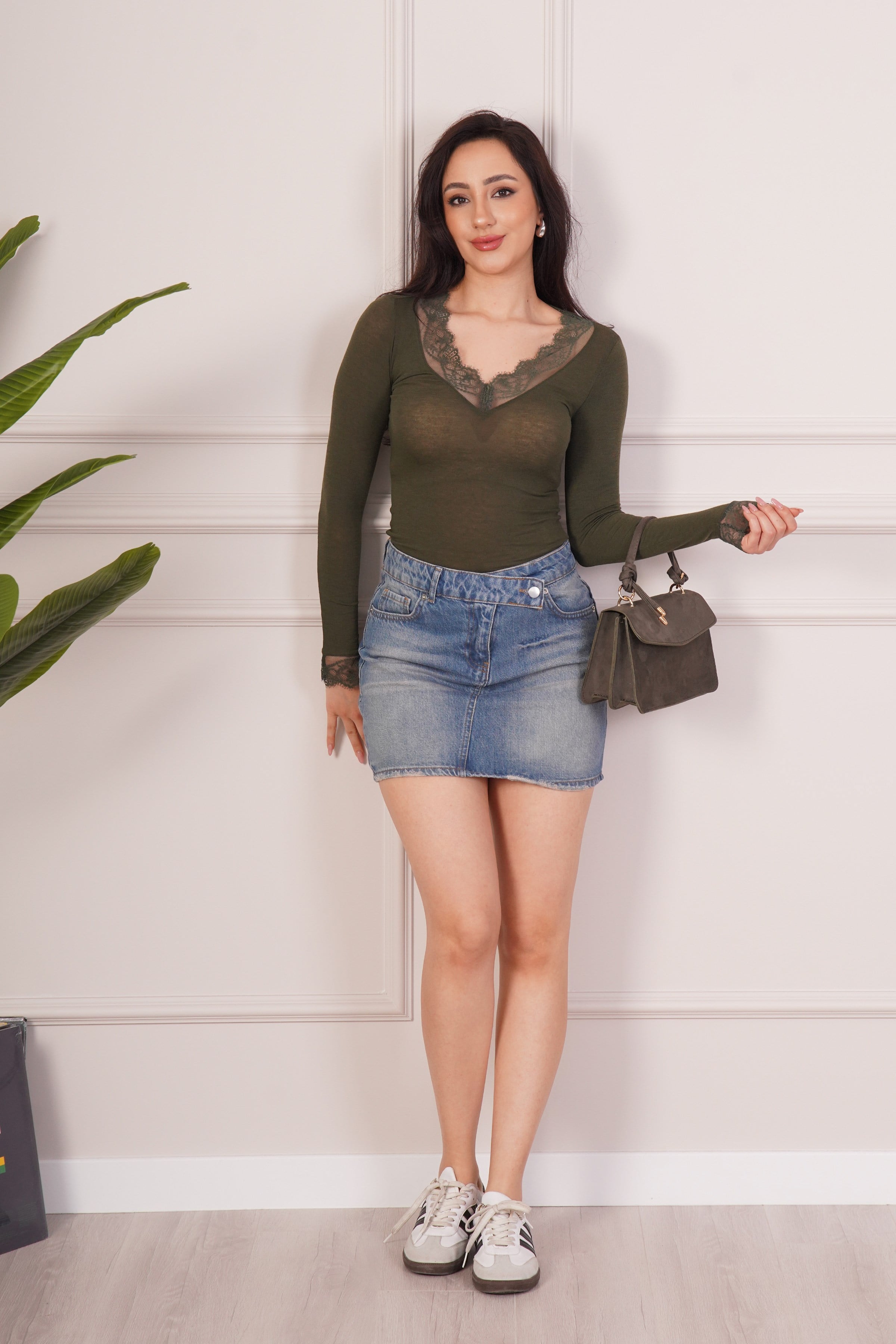 Dantel Detaylı Uzun Kollu Haki Toptan Body Bluz