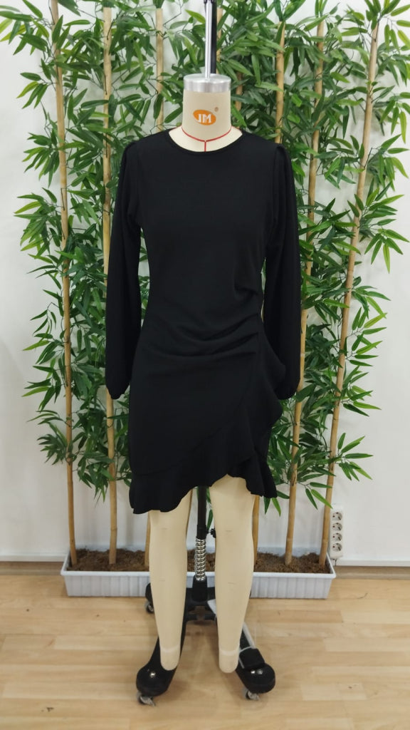 Women's Long Sleeve Crew Neck Ruffled Front Imported Crepe Dress, 31641
