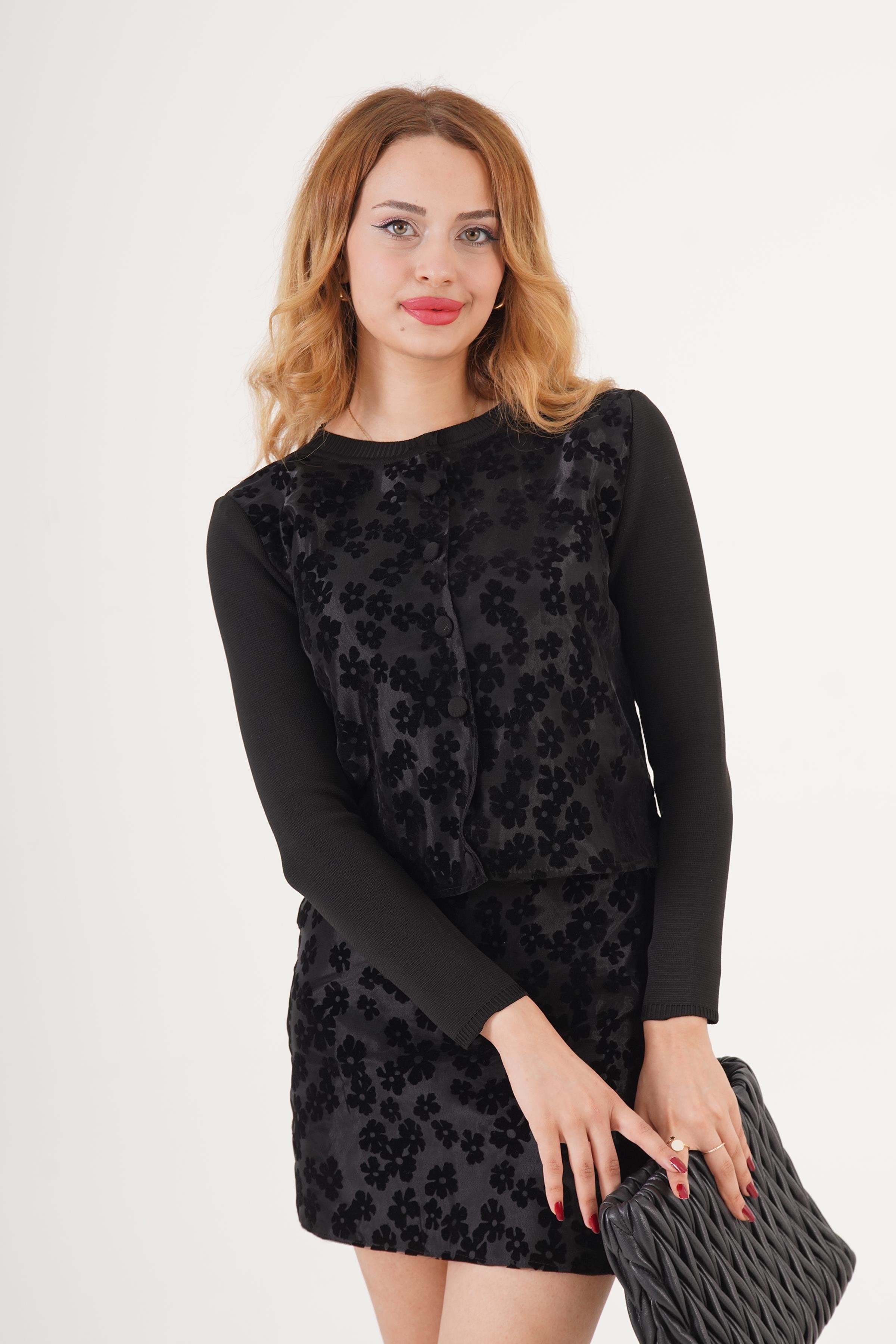 Süet İşlemeli Toptan Siyah Triko İkili Takım Siyah STD