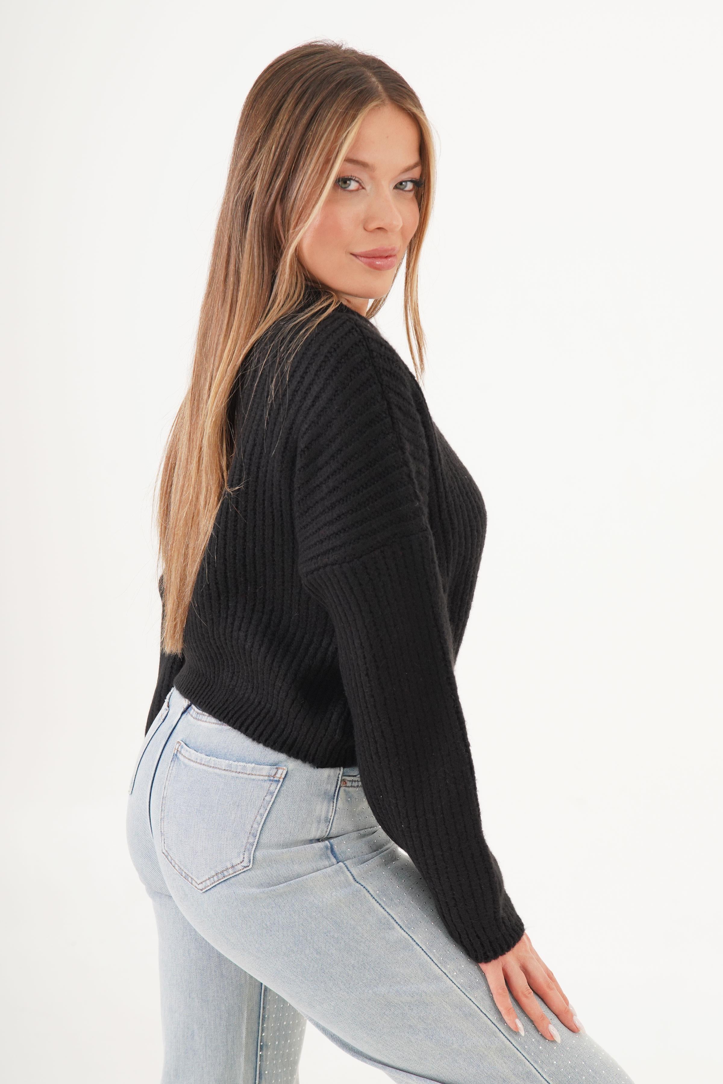 Bisiklet Yaka Basic Toptan Siyah Kazak