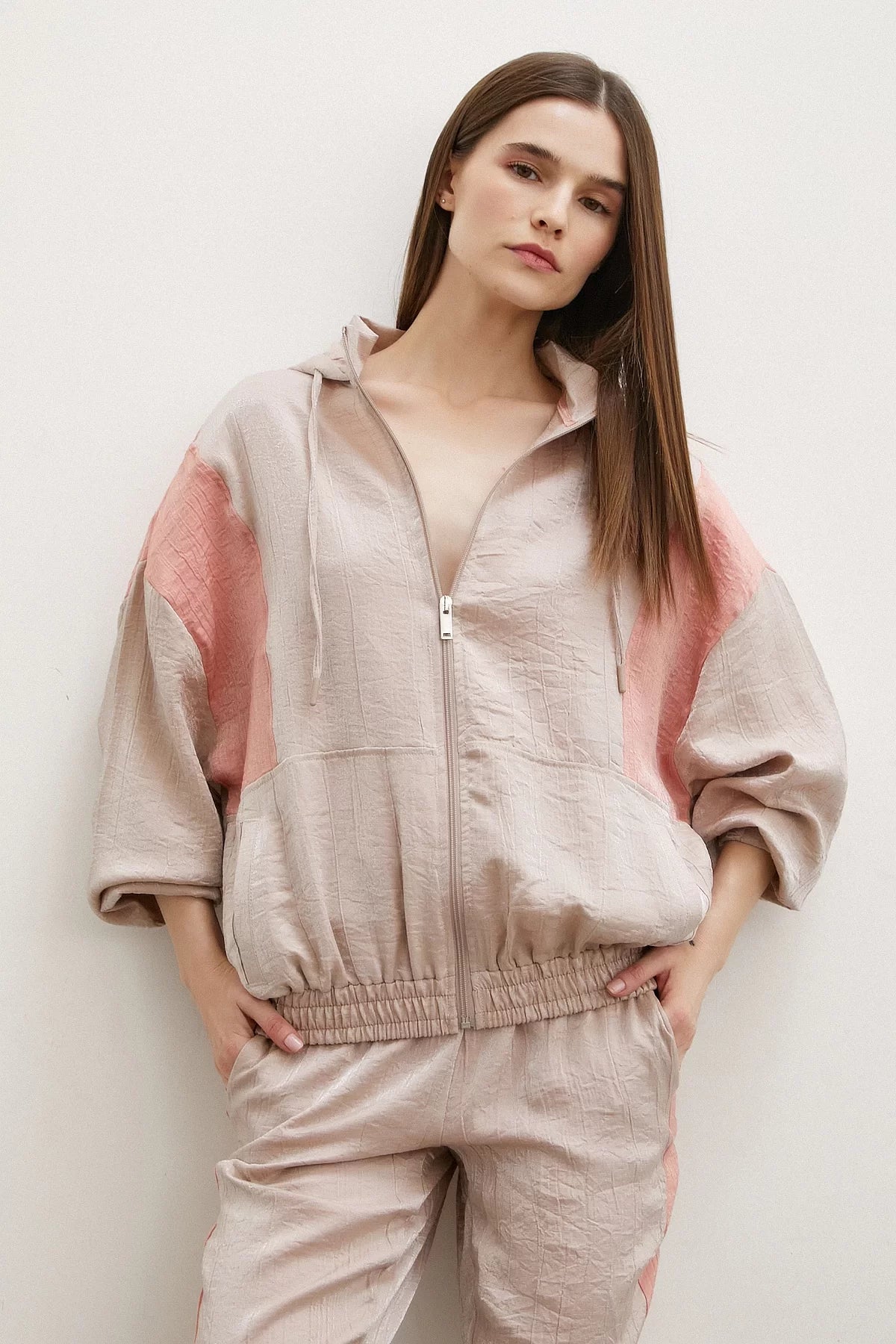 Fermuarlı Garnili Sweatshirt - Bej