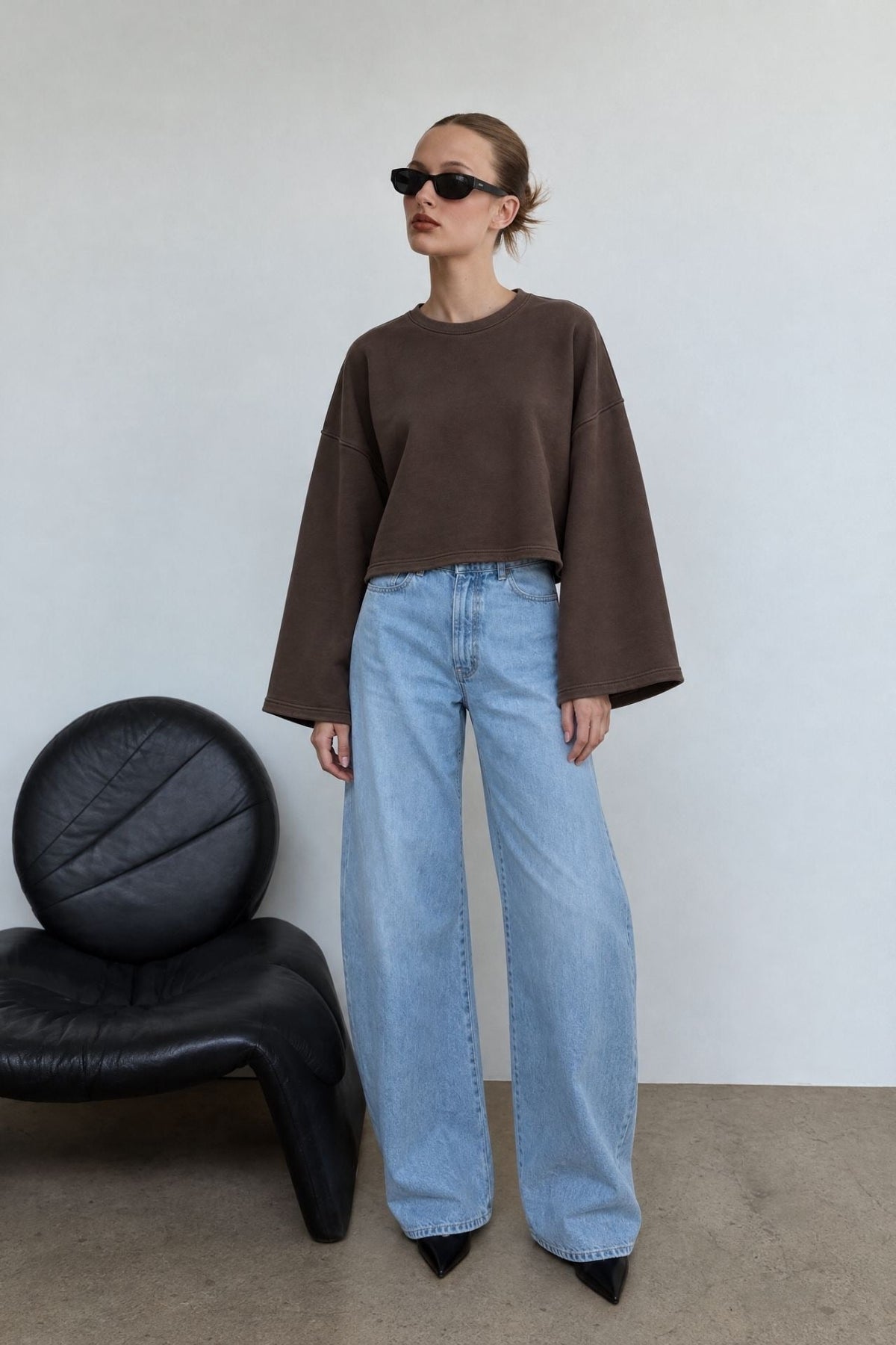 Geniş Kol Bisiklet Yaka Basic Sweatshirt - Sarı