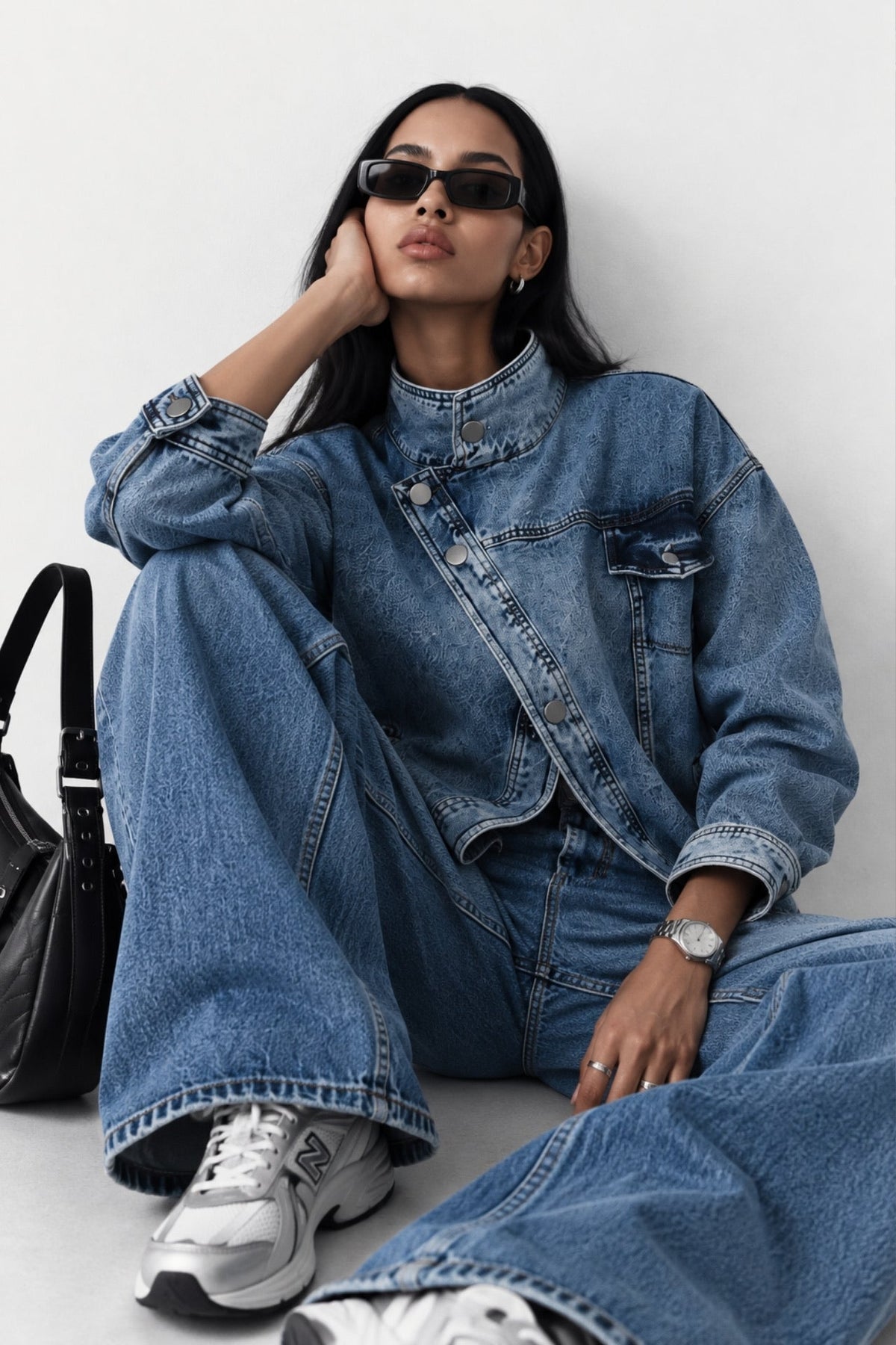 Dik Yaka Asimetrik Düğme Detay Denim Ceket - Mavi