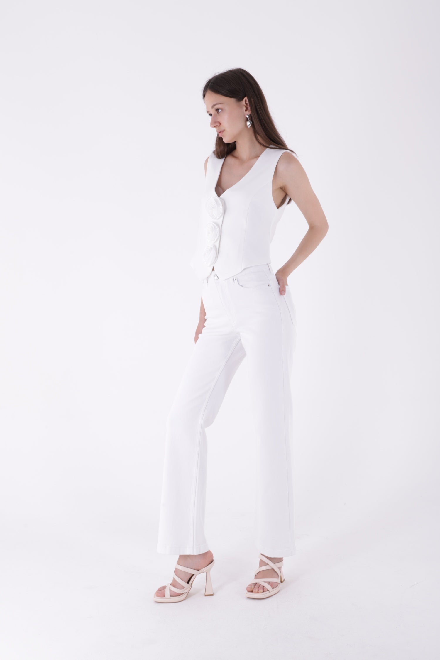 Dikişli Paça Bol Paça Relax Kot Pantolon 7026 - Beyaz - (28-33) - 4