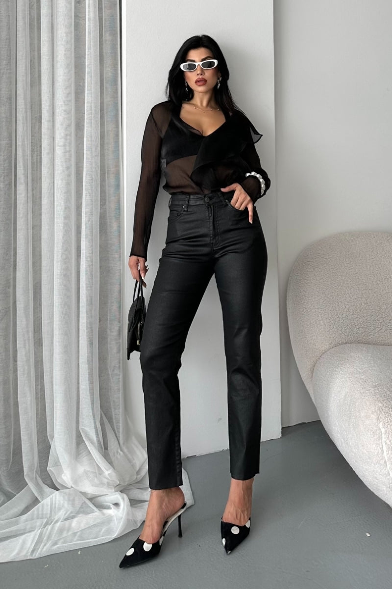 Mom Fit Kaplama Deri Pantolon 7072