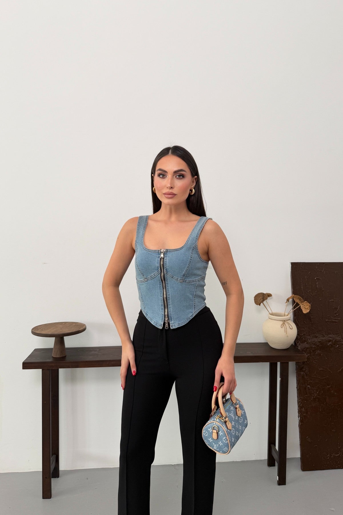 Fermuarlı Denim Büstiyer 411