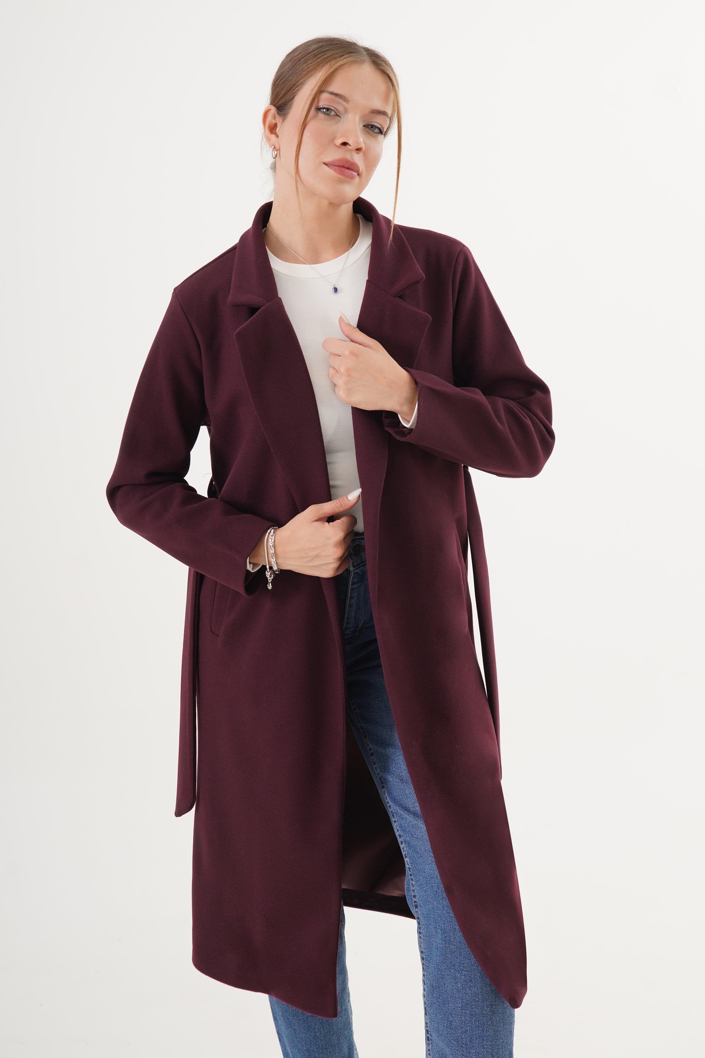Beli Kuşaklı Astarlı Toptan Bordo Kaşe Kaban Bordo S