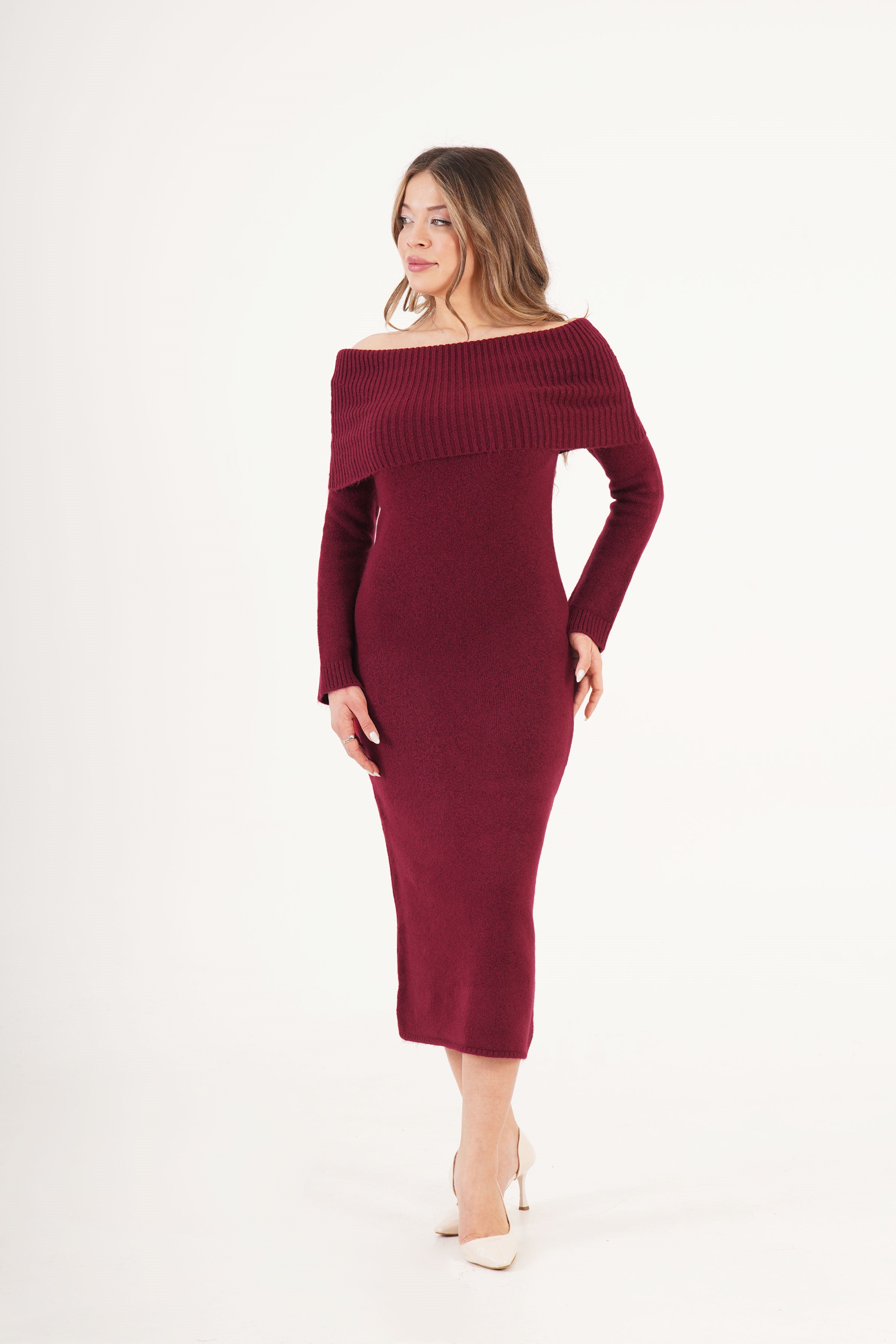 Madonna Yaka Toptan Bordo Triko Elbise Bordo STD