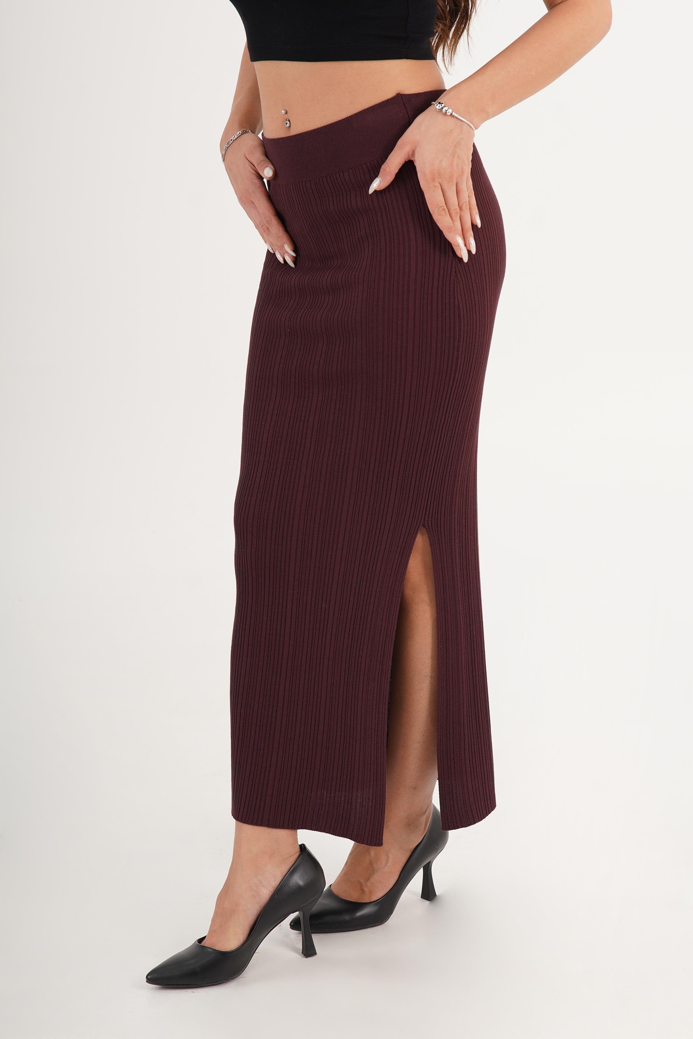 Yan Yırtmaçlı Trend Toptan Bordo Triko Etek Bordo STD