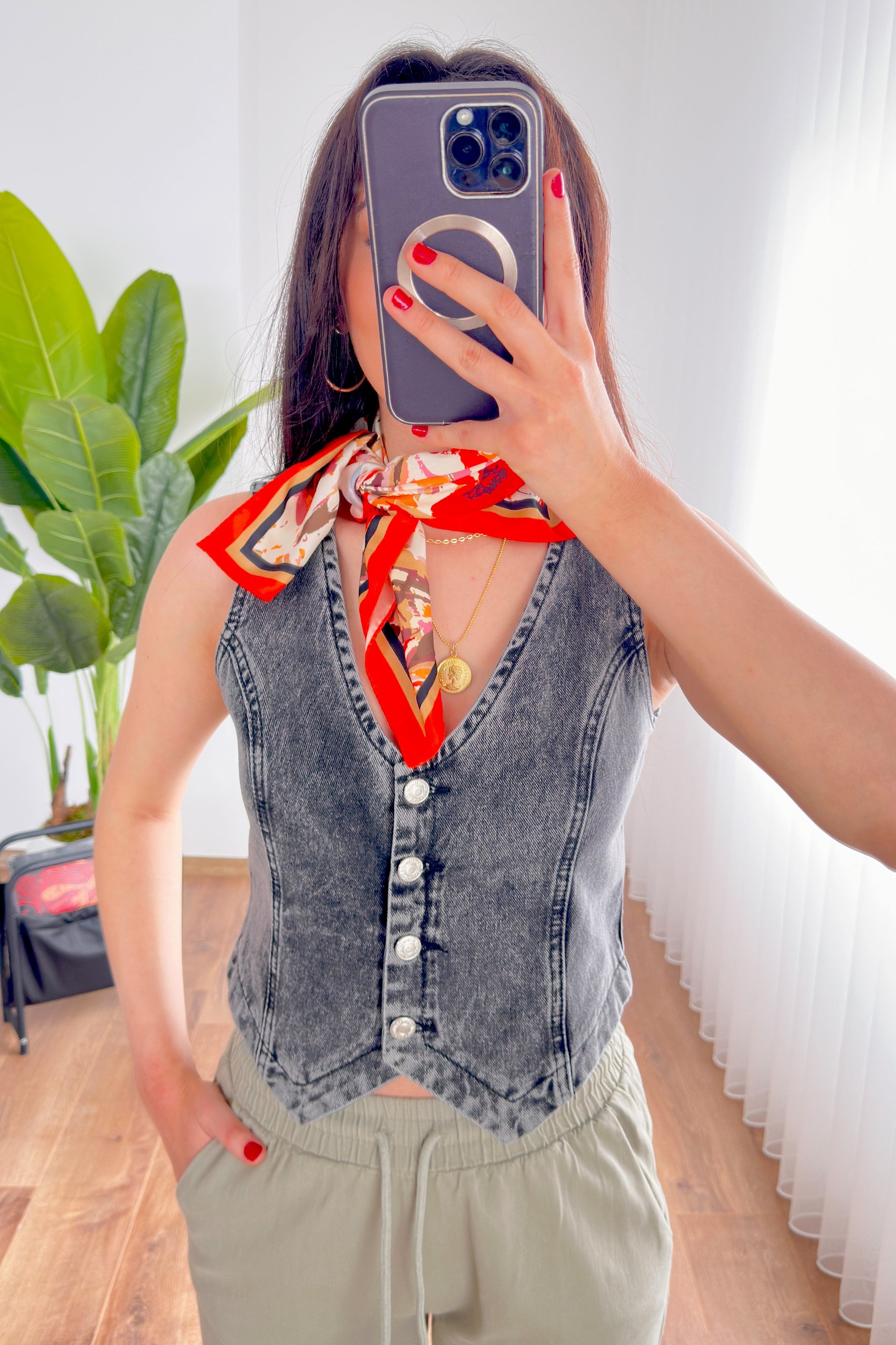 V Yaka Antrasit Denim Toptan Yelek