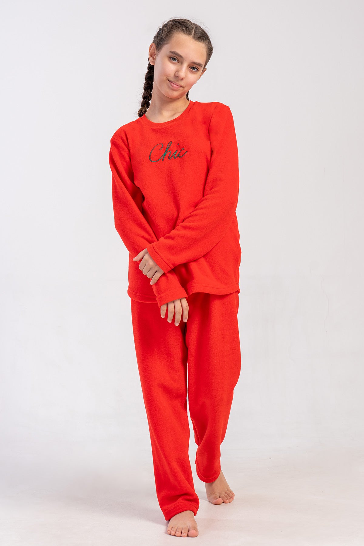 KIZ COCUK POLAR O YAKA UZUN KOL ETEGI OVAL PIJAMA TAKIM(7-8/13-14) - YENI KIRMIZI