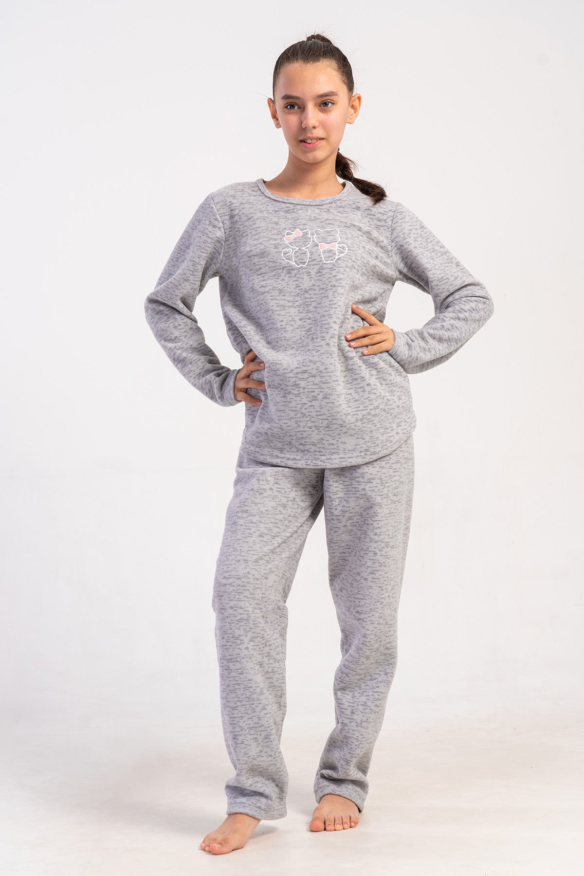 KIZ COCUK POLAR O YAKA UZUN KOL ETEGI OVAL PIJAMA TAKIM(7-8/13-14) - GRI