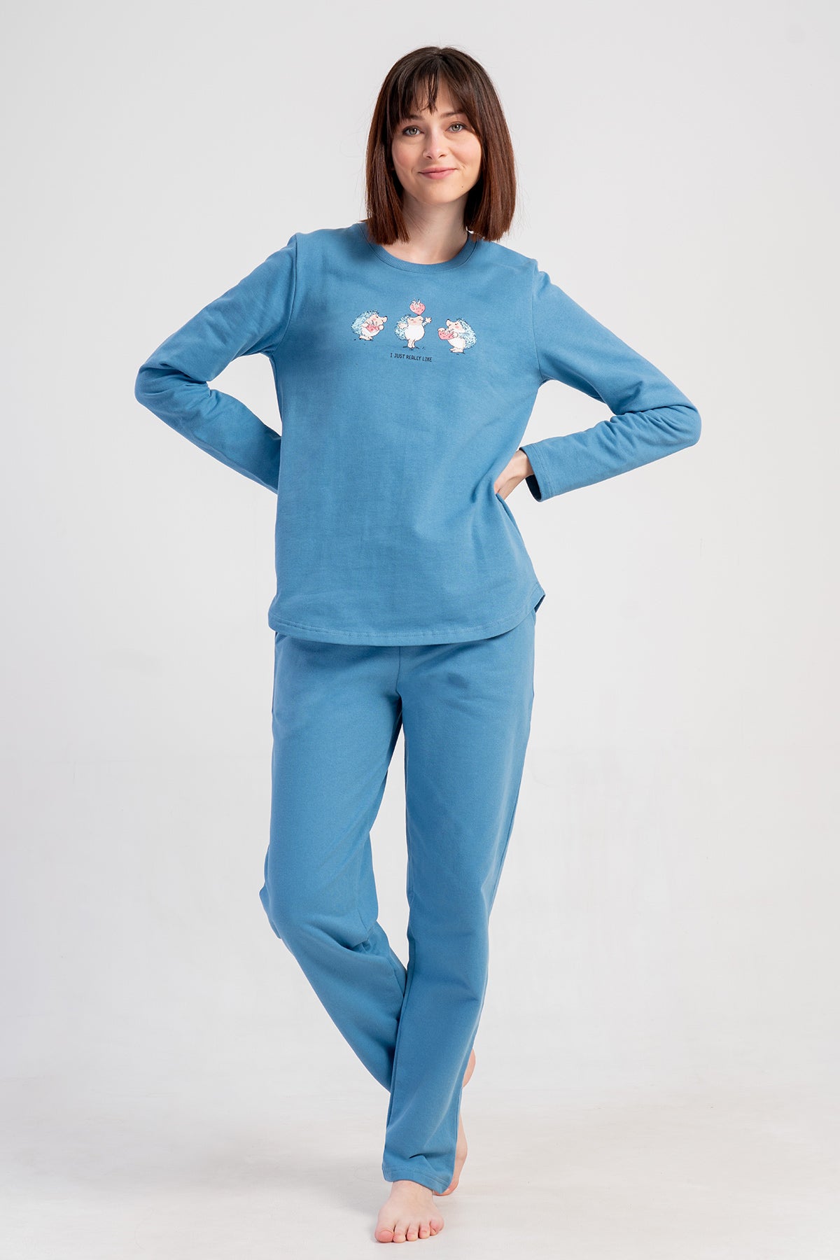 KADIN 2IPLIK O YAKA UZUN KOL ETEGI OVAL CEPLI PIJAMA TAKIM