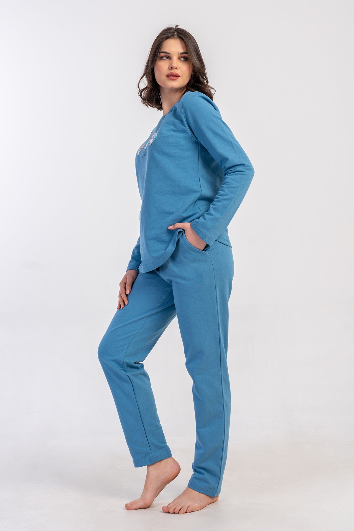 KADIN 2IPLIK XXL O YAKA UZUN KOL ETEGI OVAL CEPLI PIJAMA TAKIM
