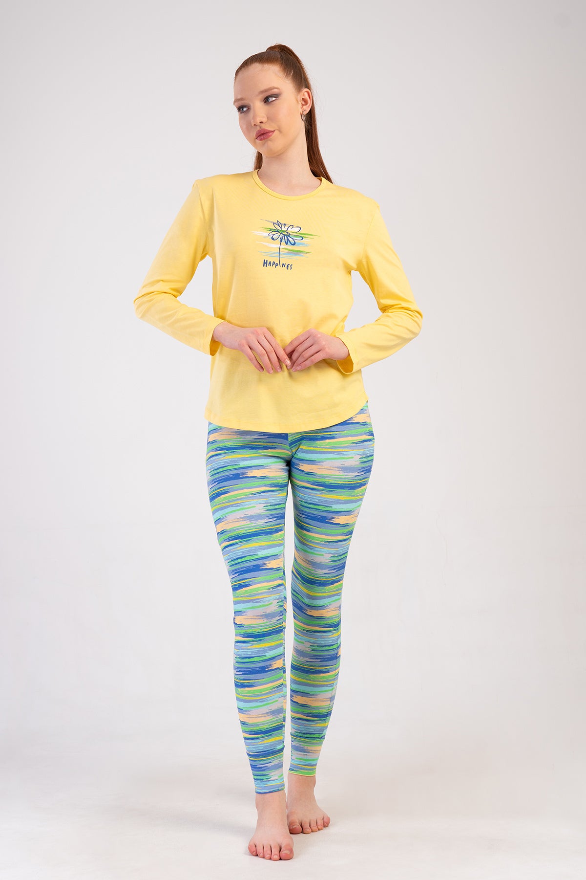 KADIN LYC SUPREM O YAKA UZUN KOL ETEGI OVAL MANSETLI TAYT PIJAMA TAKIM - SARI