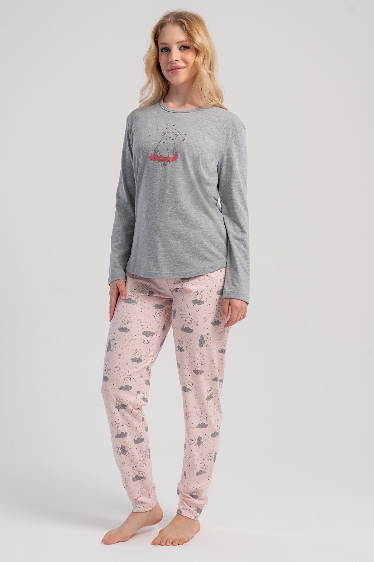 KADIN P.SUPREM O YAKA UZUN KOL ETEGI OVAL MANSETLI PIJAMA TAKIM - GRAY MELANGE