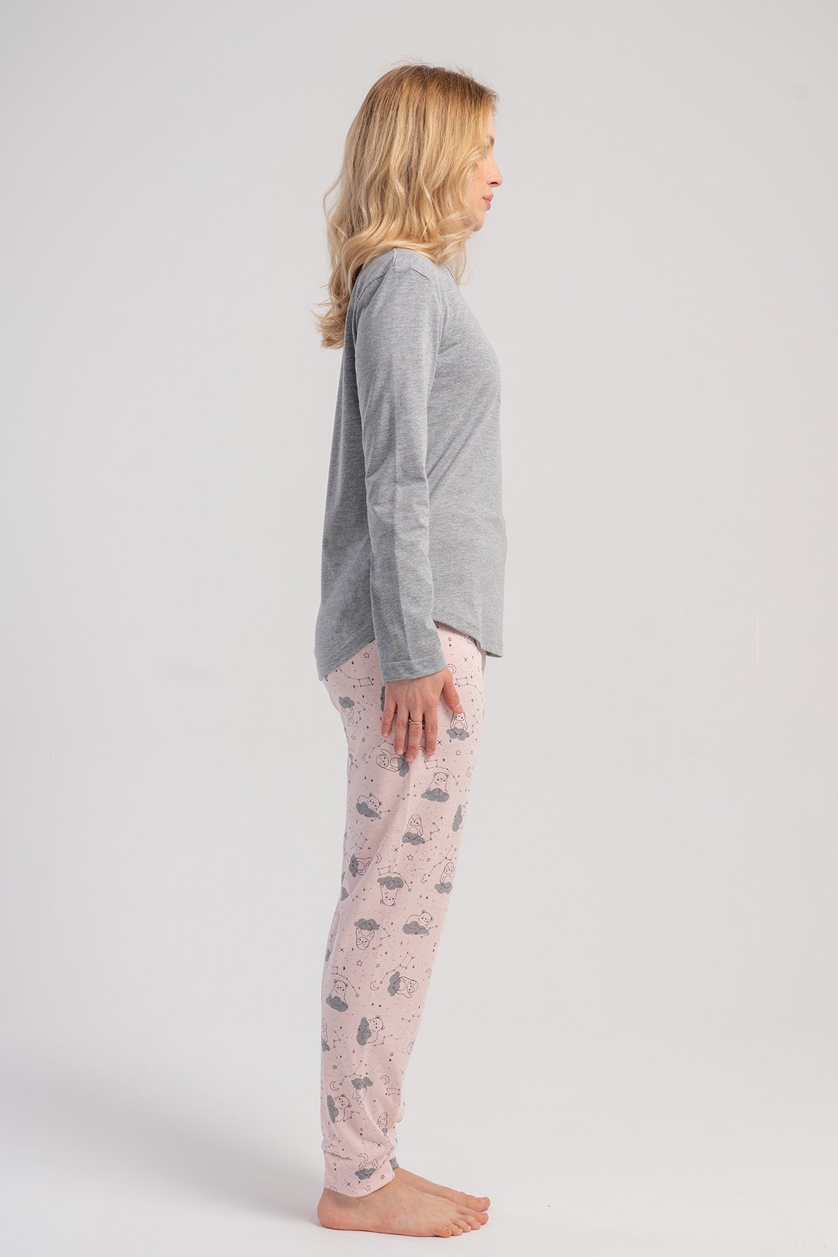 KADIN P.SUPREM O YAKA UZUN KOL ETEGI OVAL MANSETLI PIJAMA TAKIM - GRAY MELANGE