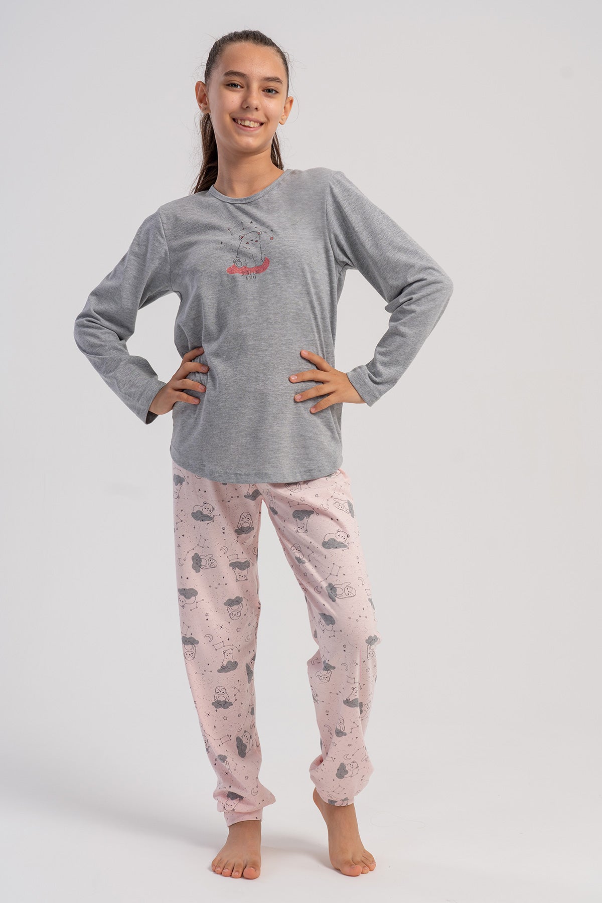 KIZ COCUK P.SUPREM O YAKA UZUN KOL ETEGI OVAL MANSETLI PIJAMA TAKIM(7-8/13-14) - GRAY MELANGE