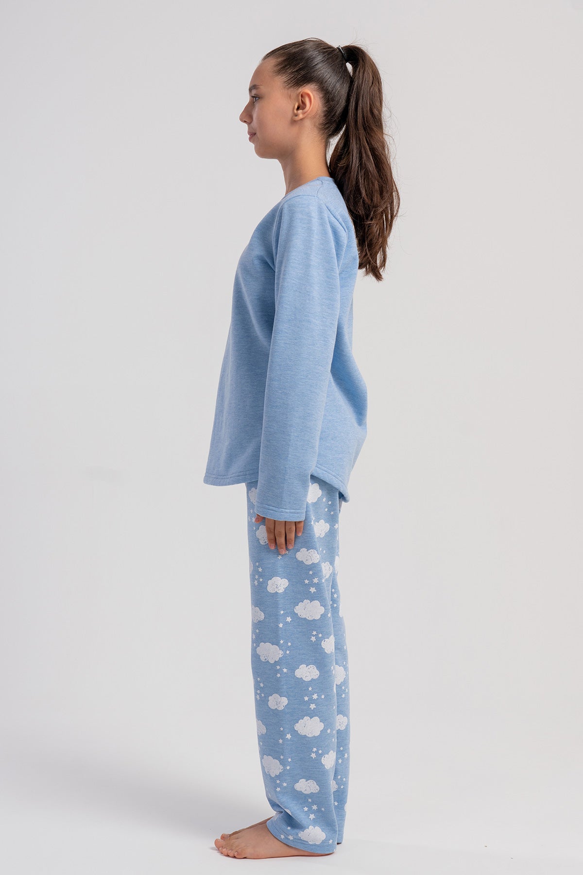KIZ COCUK 2IPLIK O YAKA UZUN KOL ETEGI OVAL PIJAMA TAKIM(7-8/13-14) - MAVI
