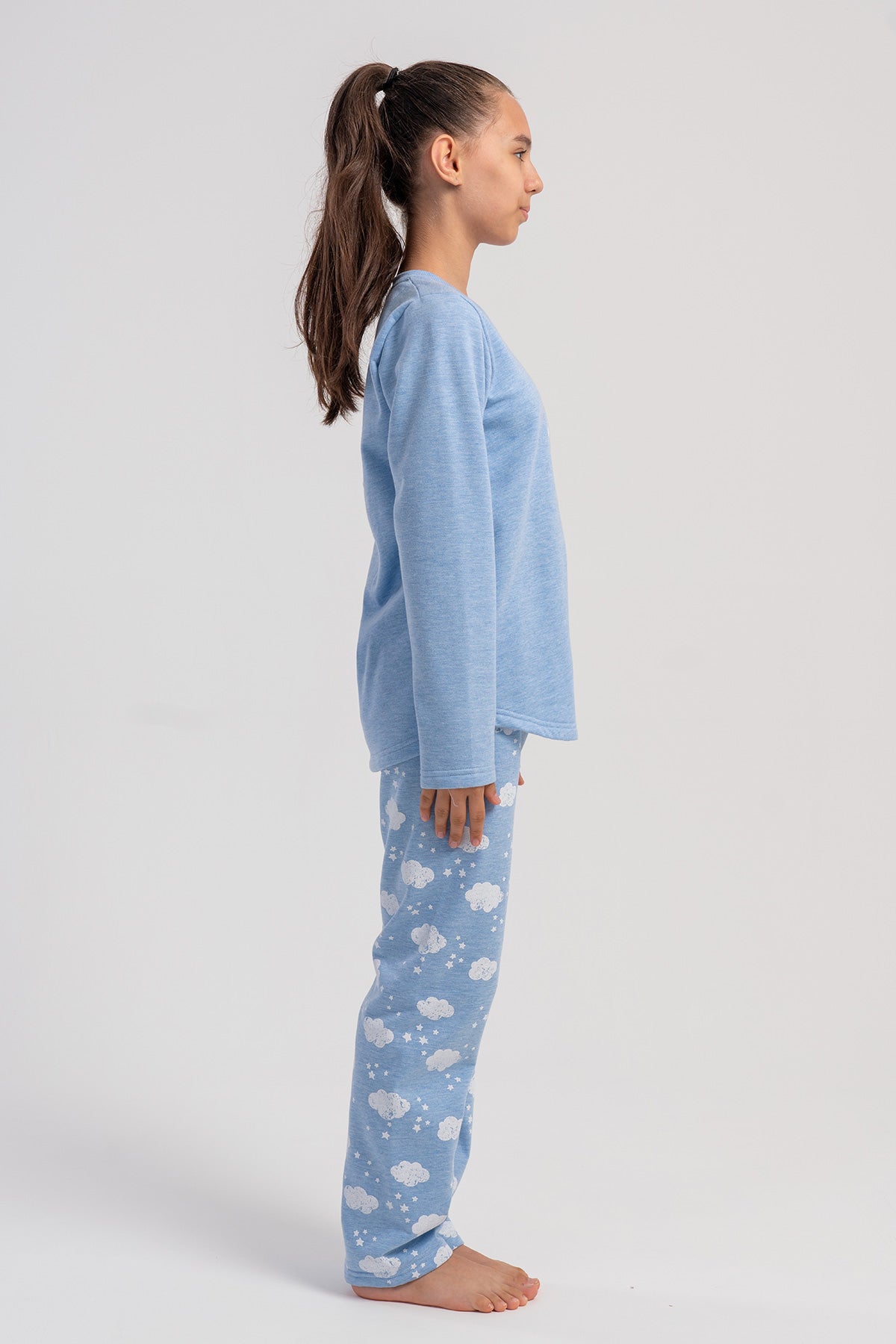 KIZ COCUK 2IPLIK O YAKA UZUN KOL ETEGI OVAL PIJAMA TAKIM(7-8/13-14) - MAVI