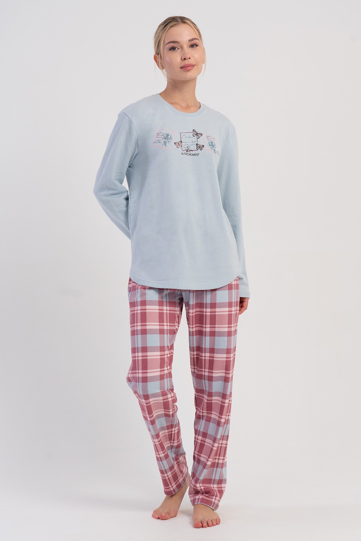 KADIN 2IPLIK O YAKA UZUN KOL ETEGI OVAL PIJAMA TAKIM - MAVI