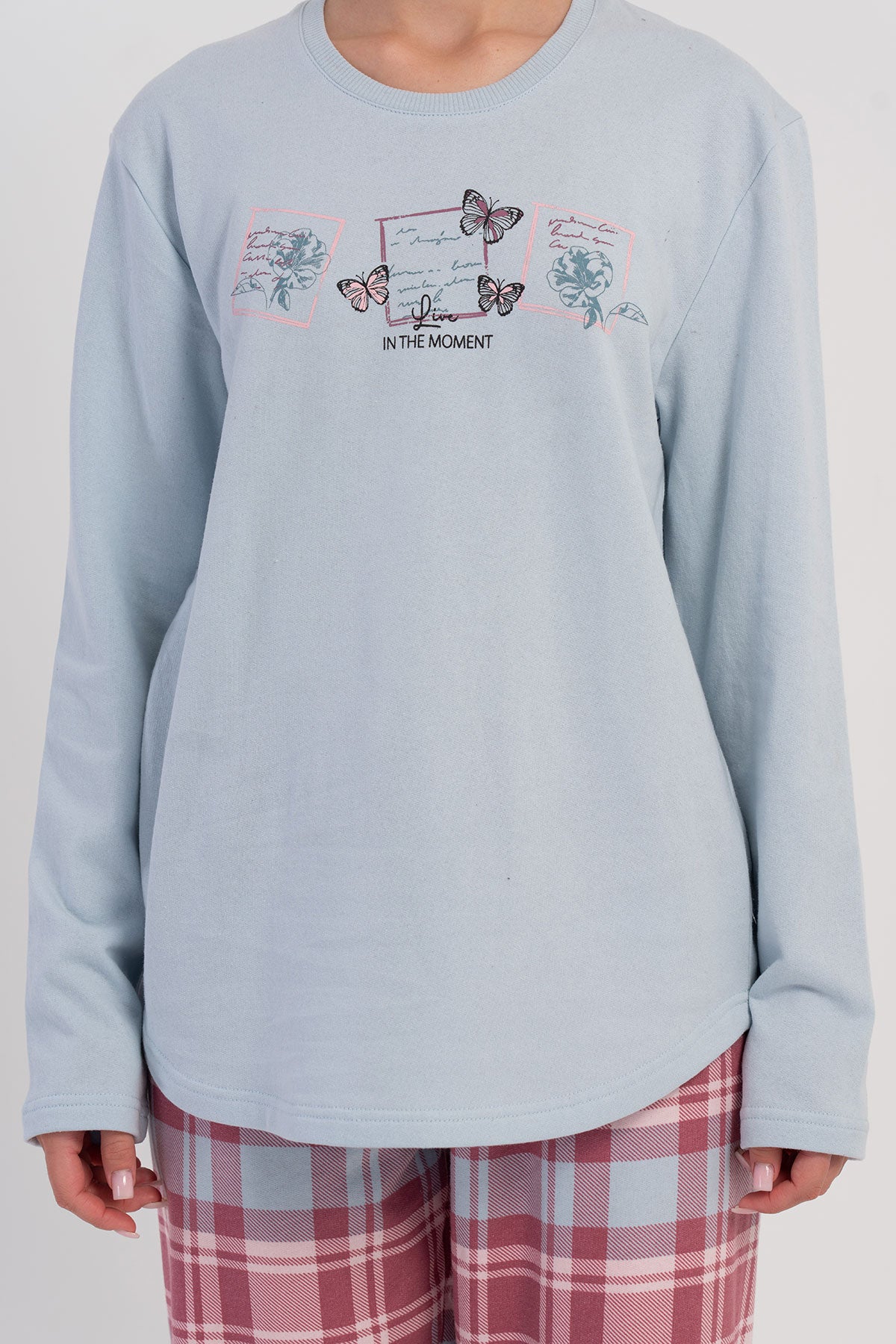 KADIN 2IPLIK O YAKA UZUN KOL ETEGI OVAL PIJAMA TAKIM - MAVI