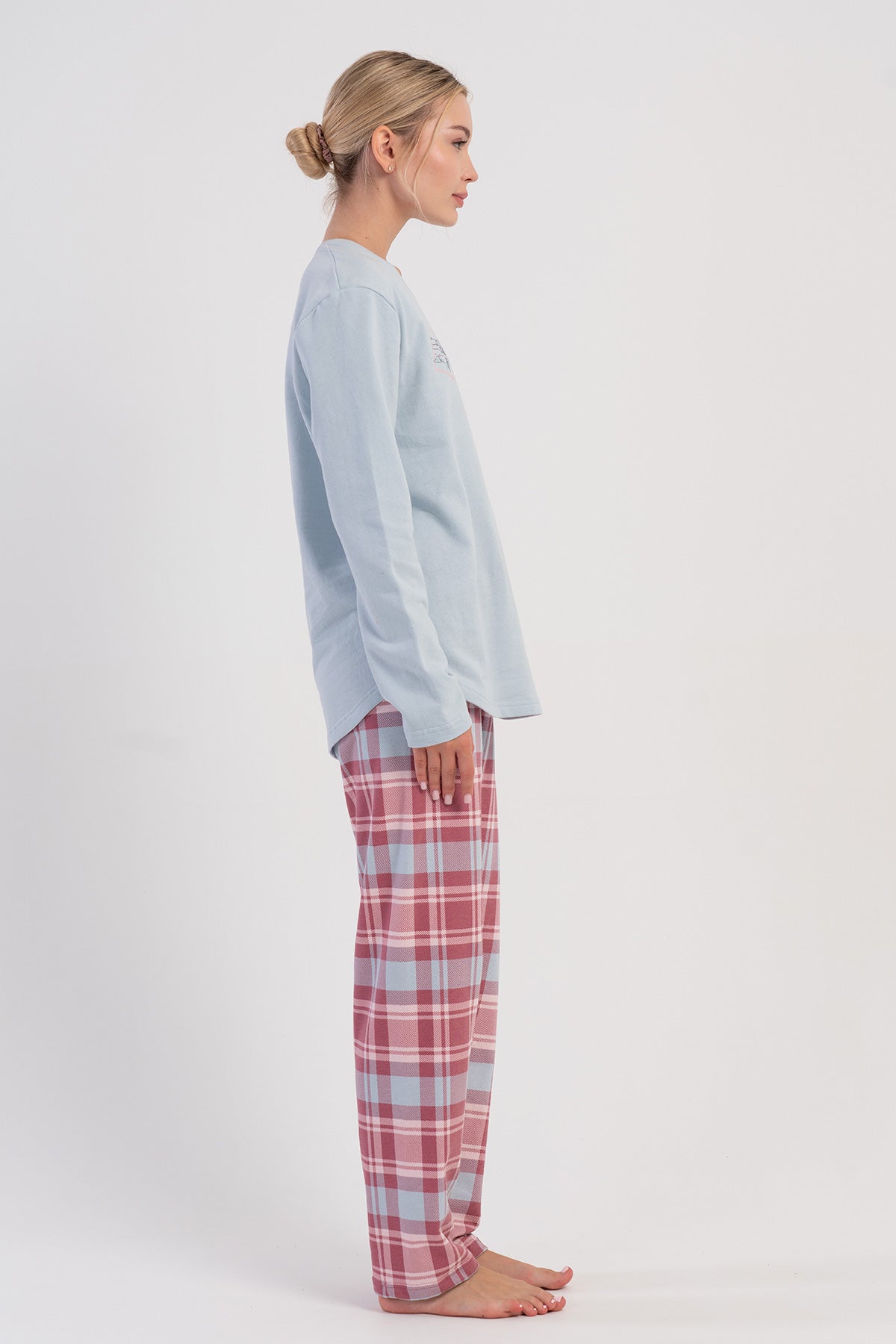 KADIN 2IPLIK O YAKA UZUN KOL ETEGI OVAL PIJAMA TAKIM - MAVI